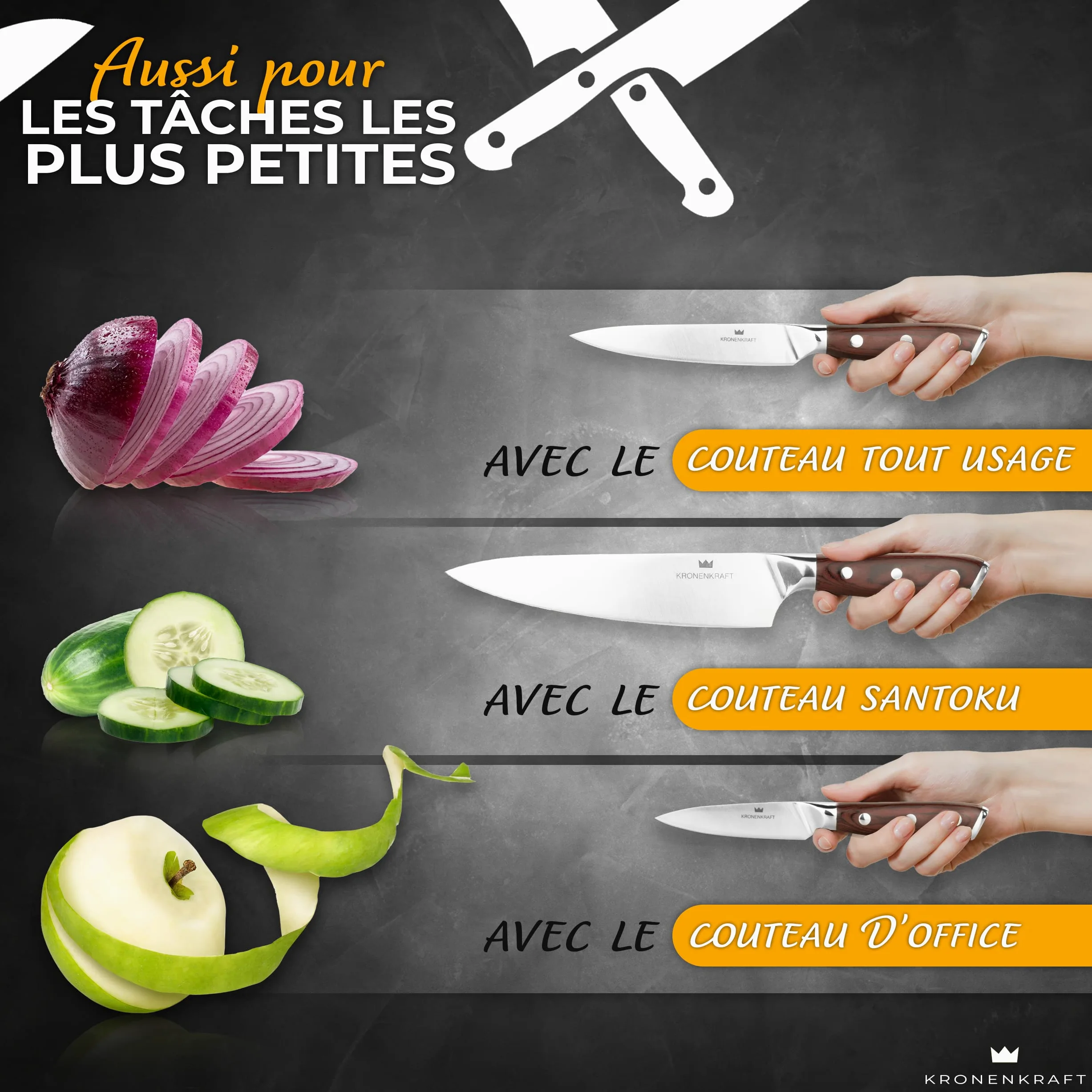 Set de Couteaux KRONENKRAFT® de 9 Pièces - Inclut Couteau de Chef, Couteau Santoku, et Plus - Fabriqué en Acier Allemand, Manche en Bois Pakka - Idéal pour Cuisine Professionnelle