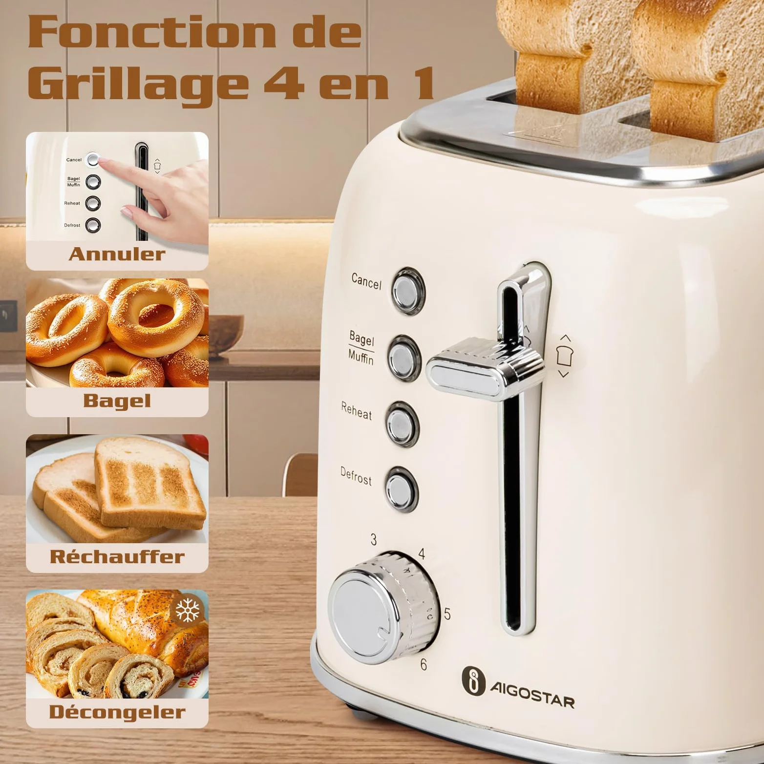 Aigostar Grille Pain, 2 Fentes Extra-Larges, Vintage Inox Crème, 6 Niveaux de Dorage, Fonction Bagel/Décongélation/Réchauffage/Annulation, Tiroir Ramasse-Miettes Amovible, 800W. Cream