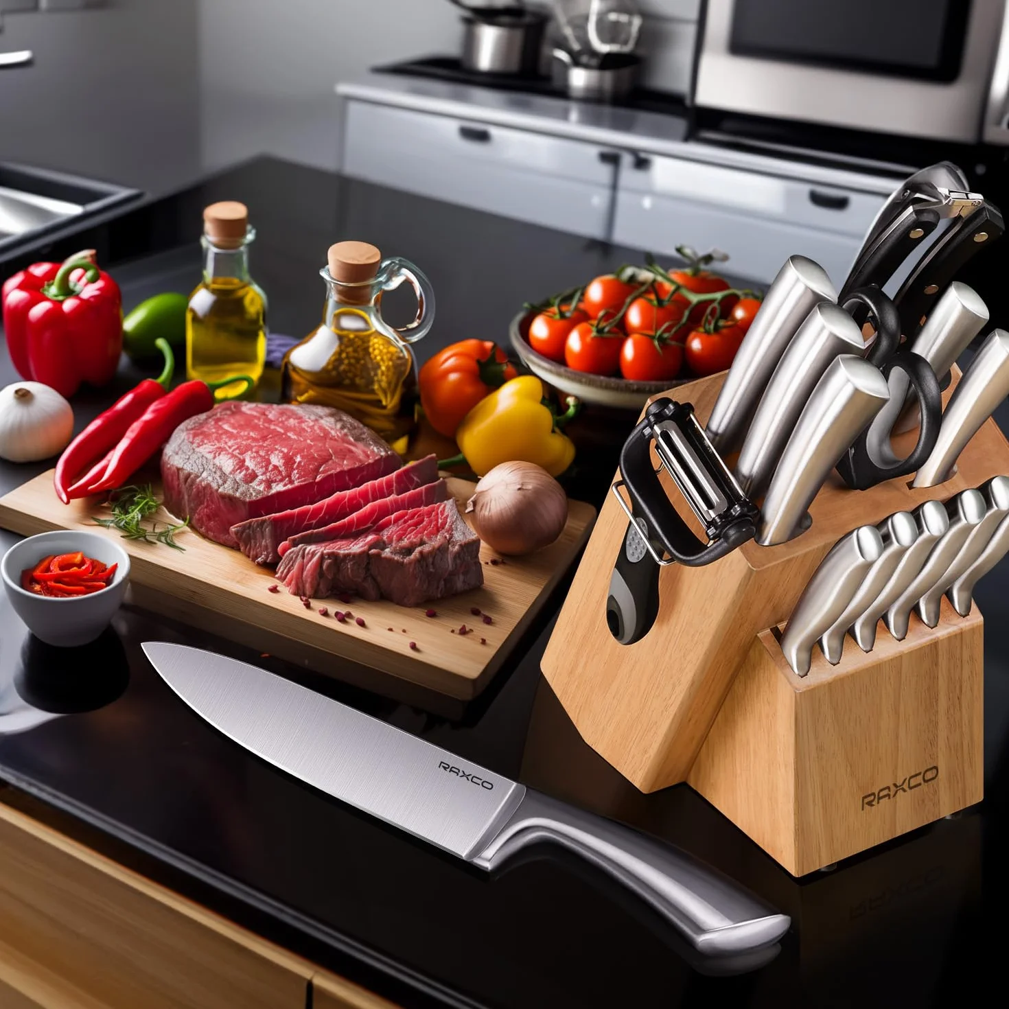 RAXCO Bloc à couteaux, Set de 18 couteaux de cuisine en acier inoxydable - Set de couteaux à steak, Sets de couteaux de cuisine professionnels avec bloc et aiguiseur (Oak)