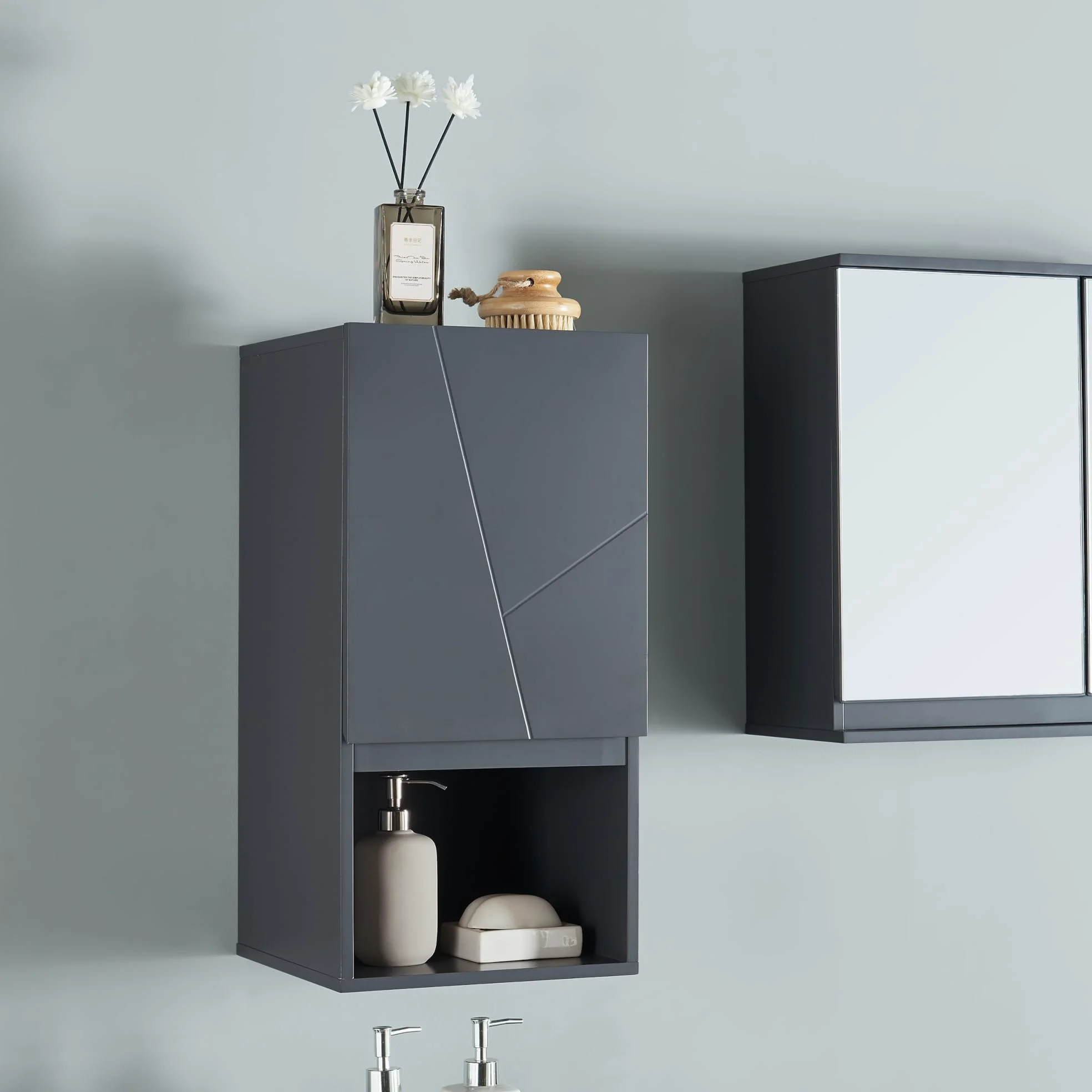 [en.casa] Armoire Murale de Salle de Bain avec Porte et Compartiment Ouvert Meuble de Rangement Stockage pour Buanderie Entrée Chambre Cuisine MDF 60 x 30 x 30 cm Gris