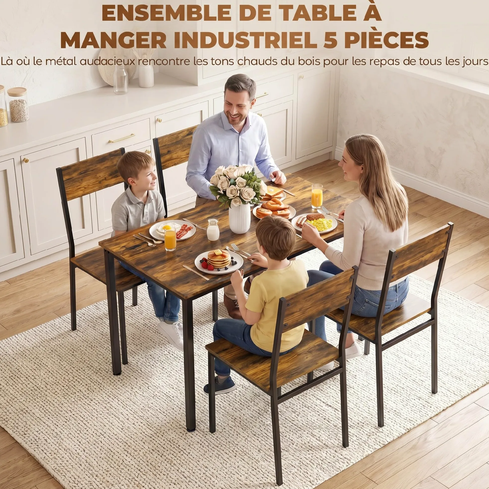 HOMCOM Ensemble Table Salle à Manger avec 4 chaises, Table de Cuisine pour 4 Personnes, Plateau rectangulaire 108 cm, Style Industriel, Pieds en métal, idéal Petit Espace, Brun Rustique
