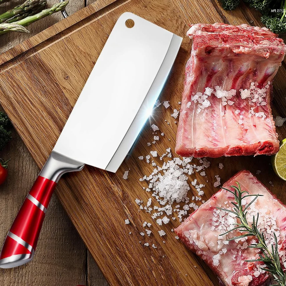 KEPEAK Set de Couteaux de Cuisine 9 Pièces avec Bloc Acrylique Rotatif – Couteaux de Chef Tranchants en Acier Inoxydable avec Fusil à Aiguiser – Pour Couper, Hacher, Émincer – Rouge