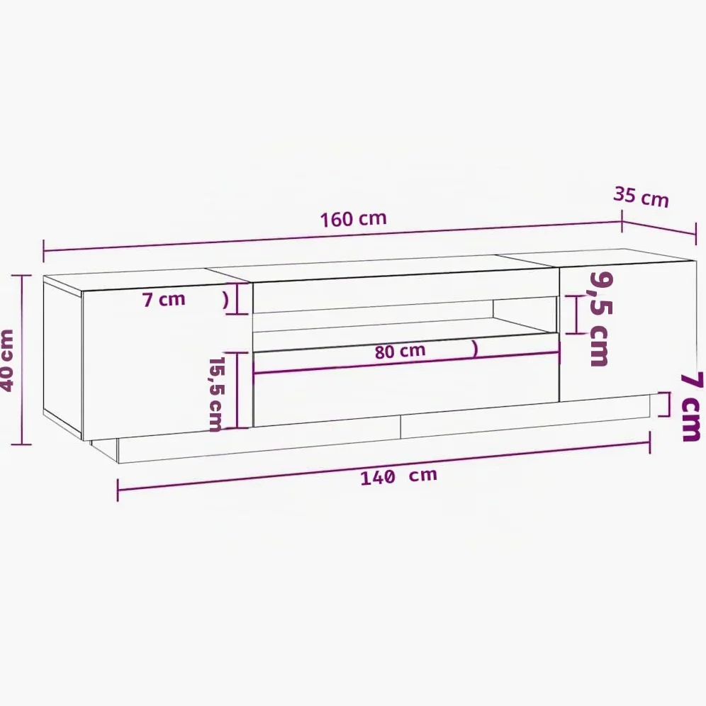 vidaXL Meuble TV avec éclairage LED, Blanc, 160x35x40 cm, Panneaux de Bois, Support TV Jusqu’à 70", Buffet Bas avec étagères, Meuble Moderne de Salon,