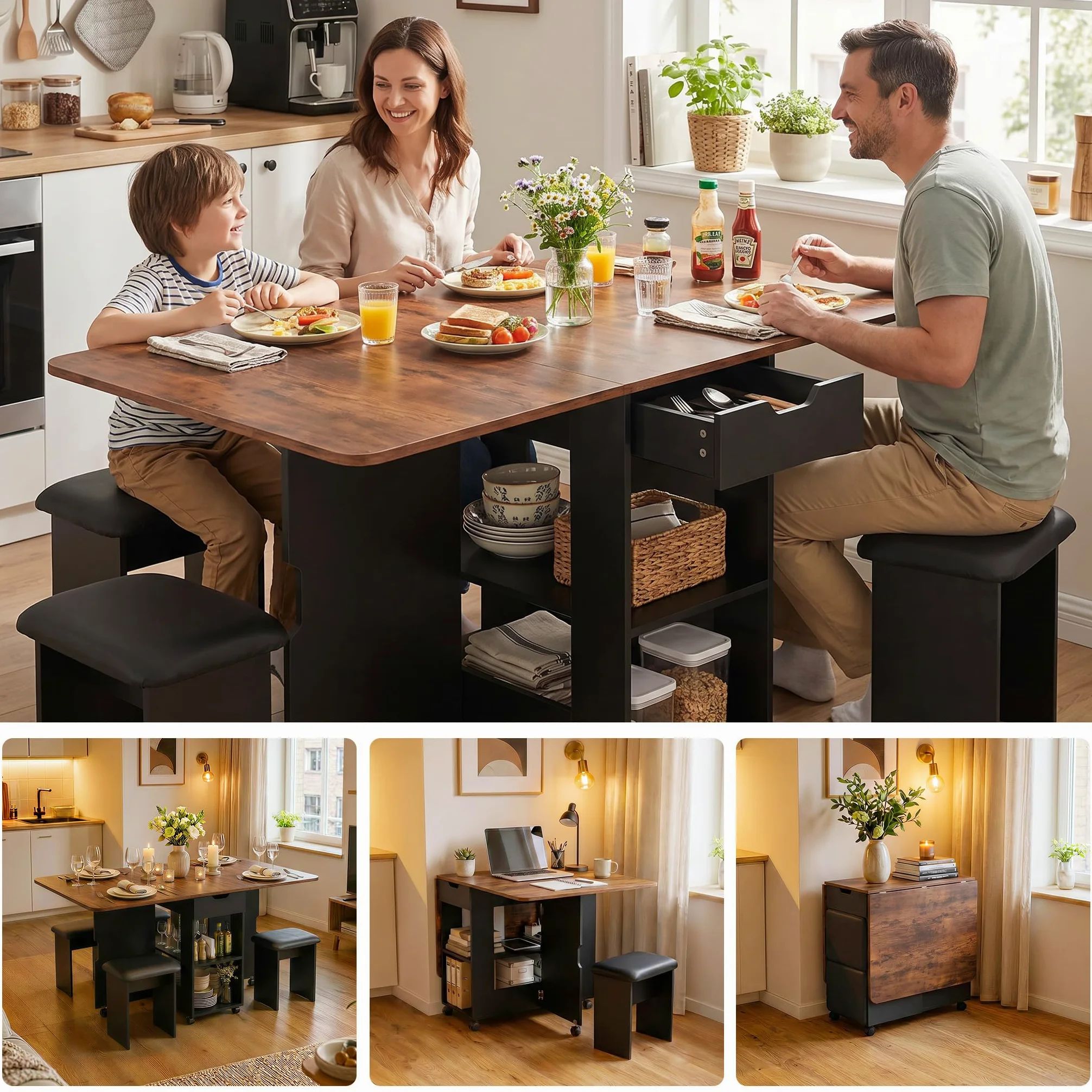 Mondeer Ensemble Table à Manger Pliable 140 cm avec 4 Chaises Rembourrés, Ensemble Table avec 2 Tiroirs et 2 Etagères de Rangement, pour Petits Espaces Cuisine Salle à Manger (Marron et Noir)