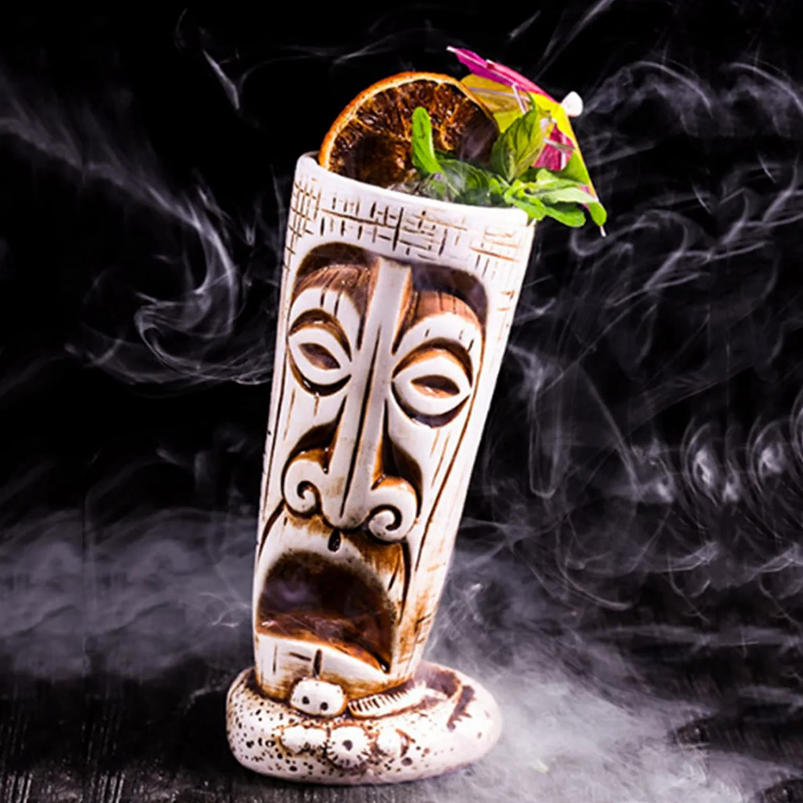 tiki Cocktails Tiki Mugs Ensemble de 4 Tasses à Cocktail en Céramique Verres à Cocktail Exotiques Tiki Bar Professionnel Hawaiian Party Barware tiki mug reutilisable,Beige