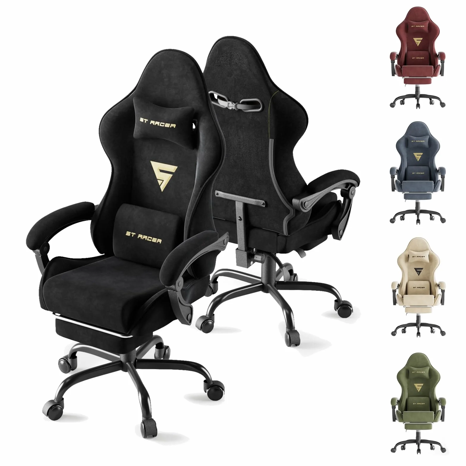 Ferghana Chaise Gaming Chaise Ergonomique Bureau Tissu Fauteuil Gaming en Tissu Velours, avec Coussin Lombaire De Massage, Coussin De Nuque, Repose-Pied, Capacité de Poids de 250lb, Noir
