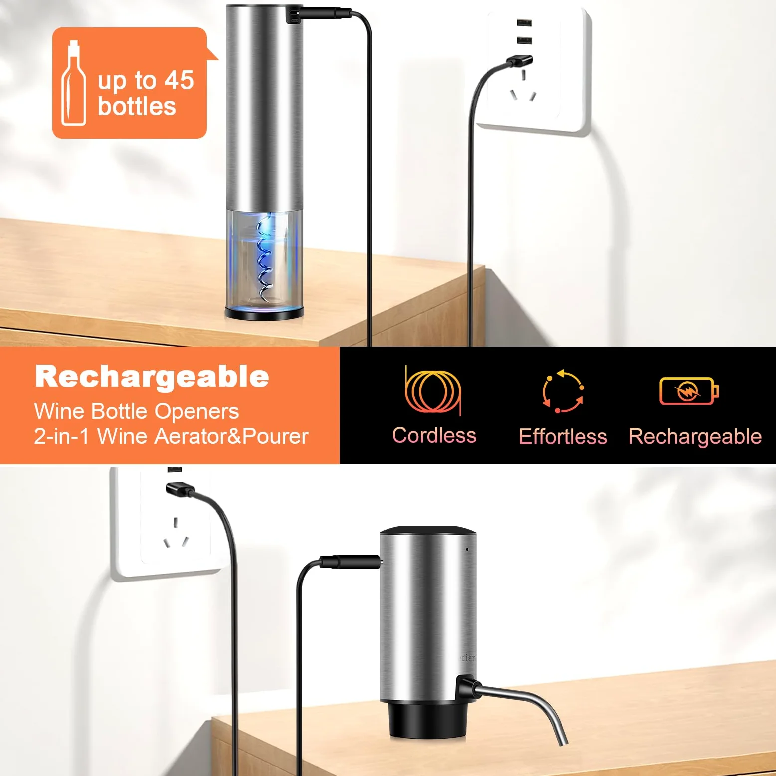 Tire Bouchon Electrique, 4 en 1 Coffret Cadeau avec Ouvre Bouteille Rechargeable, Aérateur de Vin Verseur Automatique, Coupe-Capsule et Bouchon à Vin sous Vide pour Idee Cadeau Homme