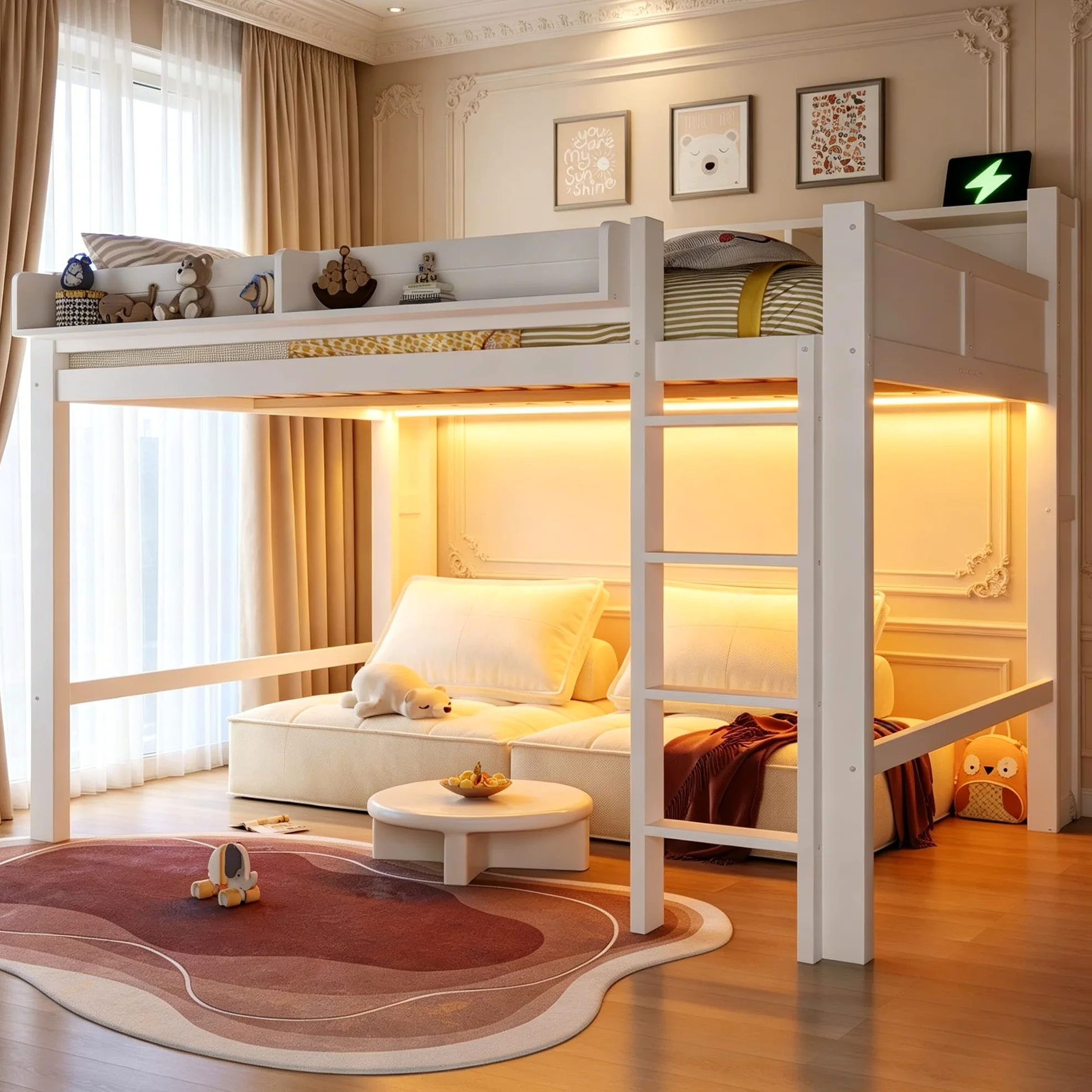 Lit Superposé Enfant 140x200cm avec éclairage LED et Port USB,Lit Mezzanine 2 Place en Bois avec rangements,Garde Corps,lit Jeune duoble,Cadre de lit Double,sans Matelas,Blanc
