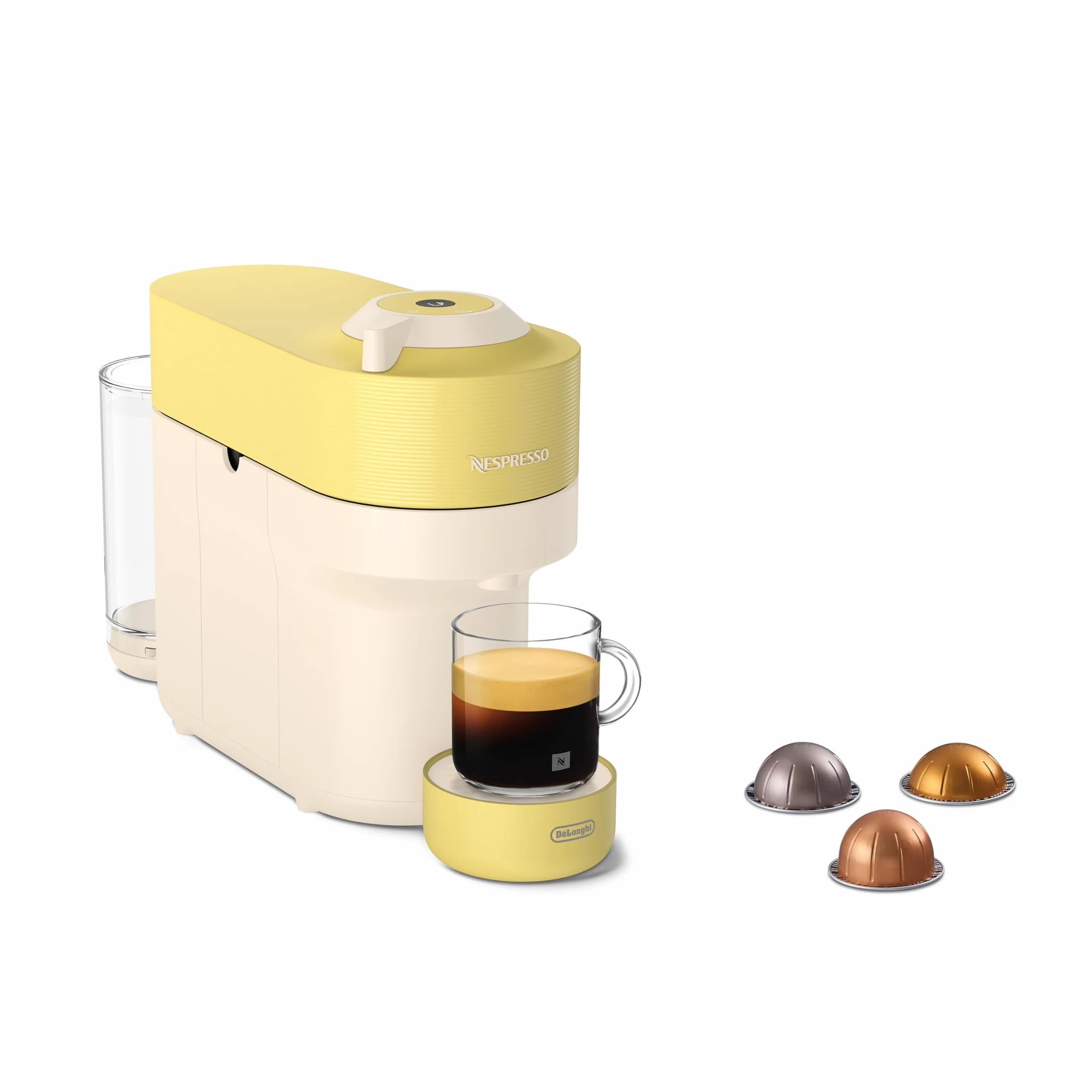 De'Longhi Nespresso Vertuo Pop - Machine à Café en Capsules, Technologie Centrifusion, 4 Tailles de Tasse, Set de 12 Capsules Inclus, Jaune Pastel (ENV90.LE)