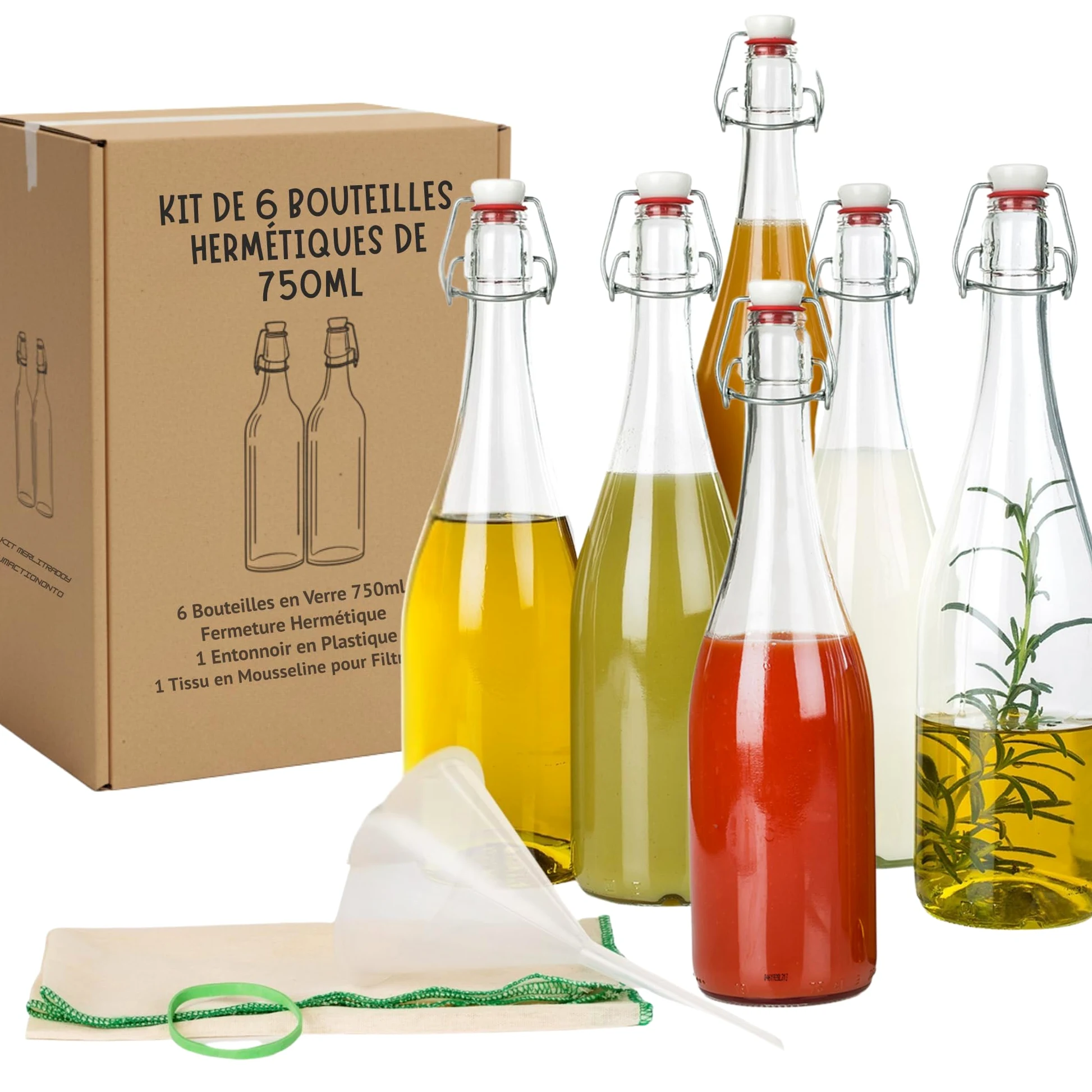 myFERMENTS Kit 6 Bouteilles 750ml en Verre Épais avec Bouchon Mécanique Hermétique | Set Complet Fermentation Bière Kombucha Kéfir Huile | Entonnoir 10cm, Tissu 50x50cm, Joint Porcelaine