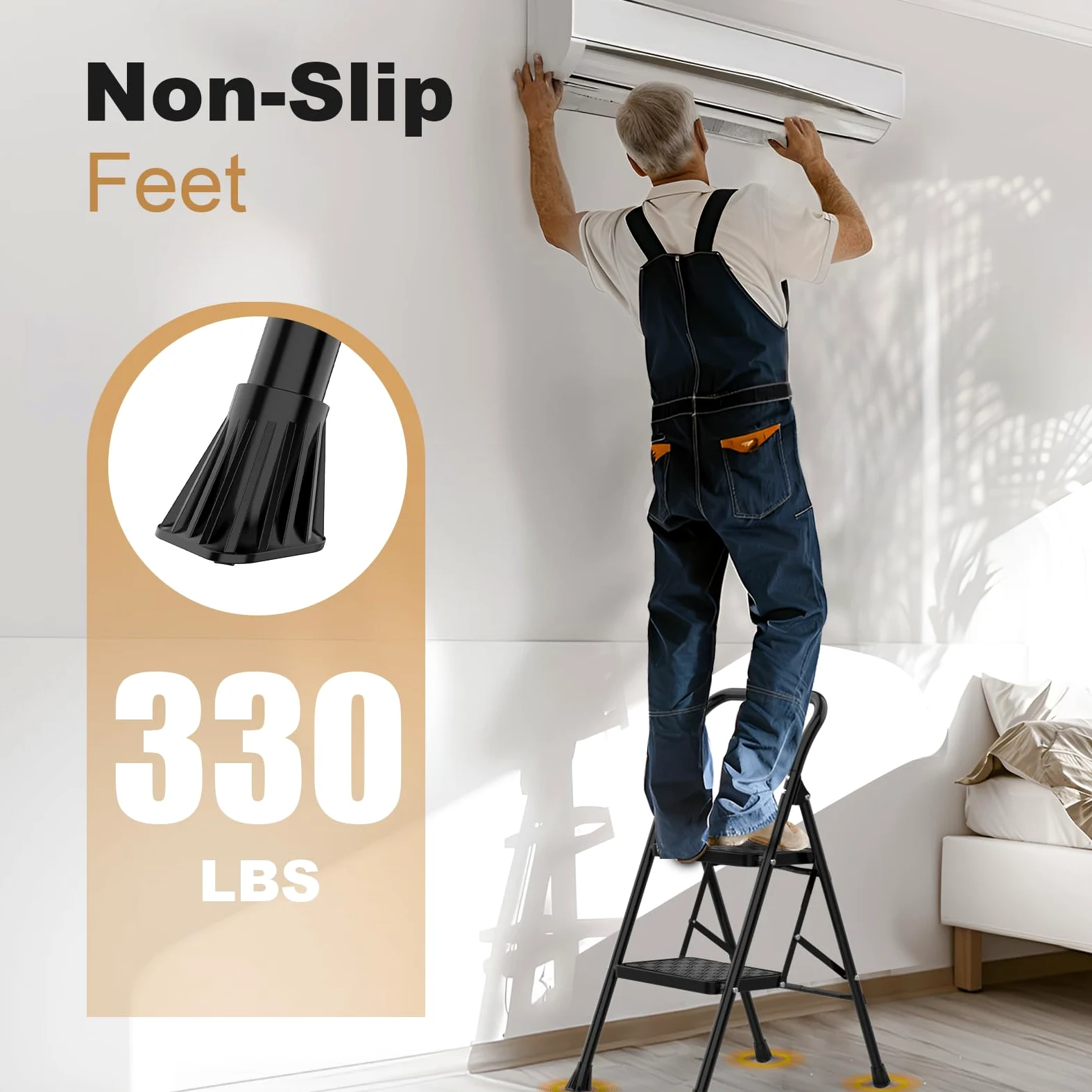 HBTower Escabeau 2 Marches Pliable, Marchepied avec Poignée Rembourrée, Capacité 150KG, Marches Larges Antidérapantes