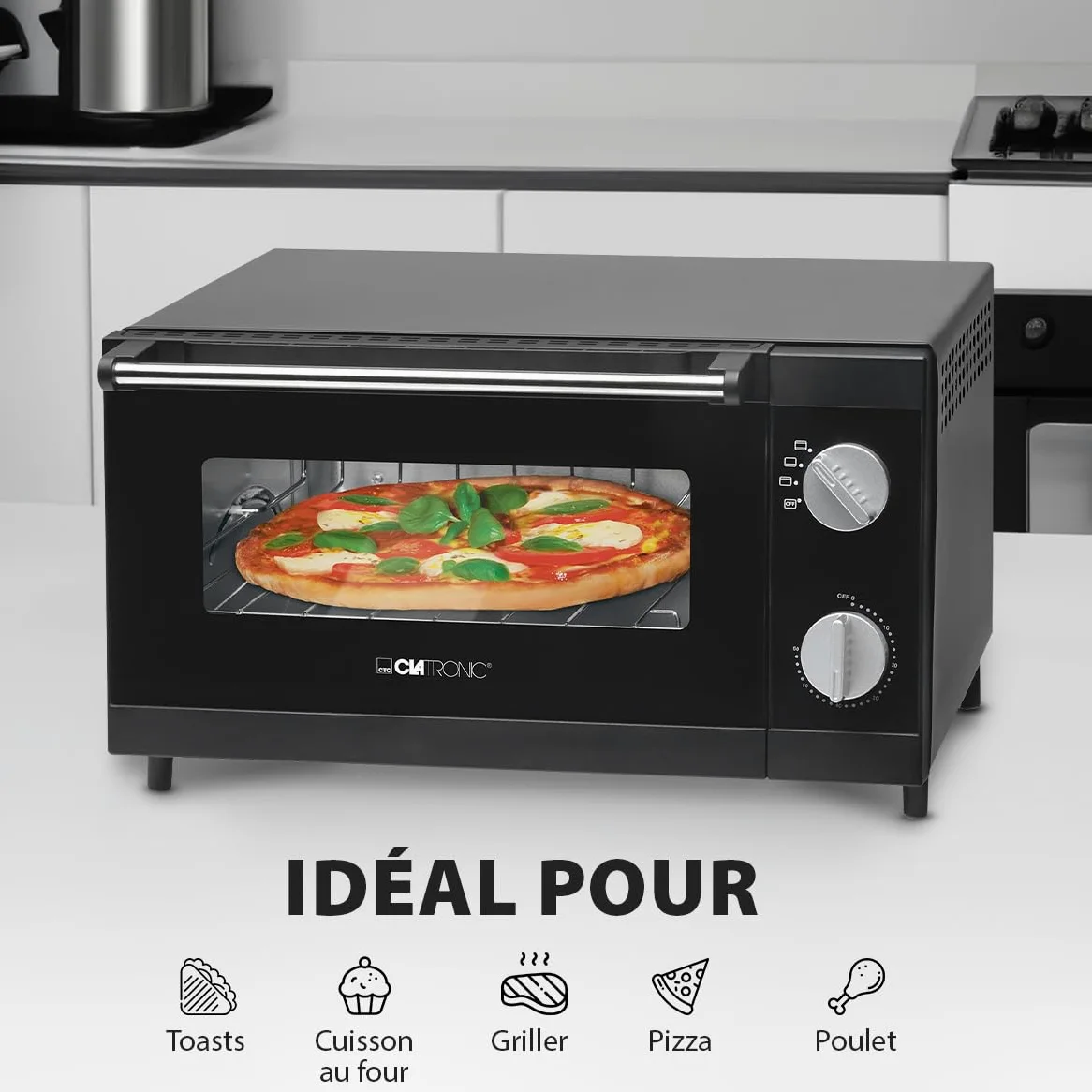 Clatronic Four à pizza avec espace de cuisson de 12 litres | idéal pour griller et réchauffer | Four avec chaleur supérieure et inférieure | Mini-four avec minuterie de 60 minutes | MPO 3520