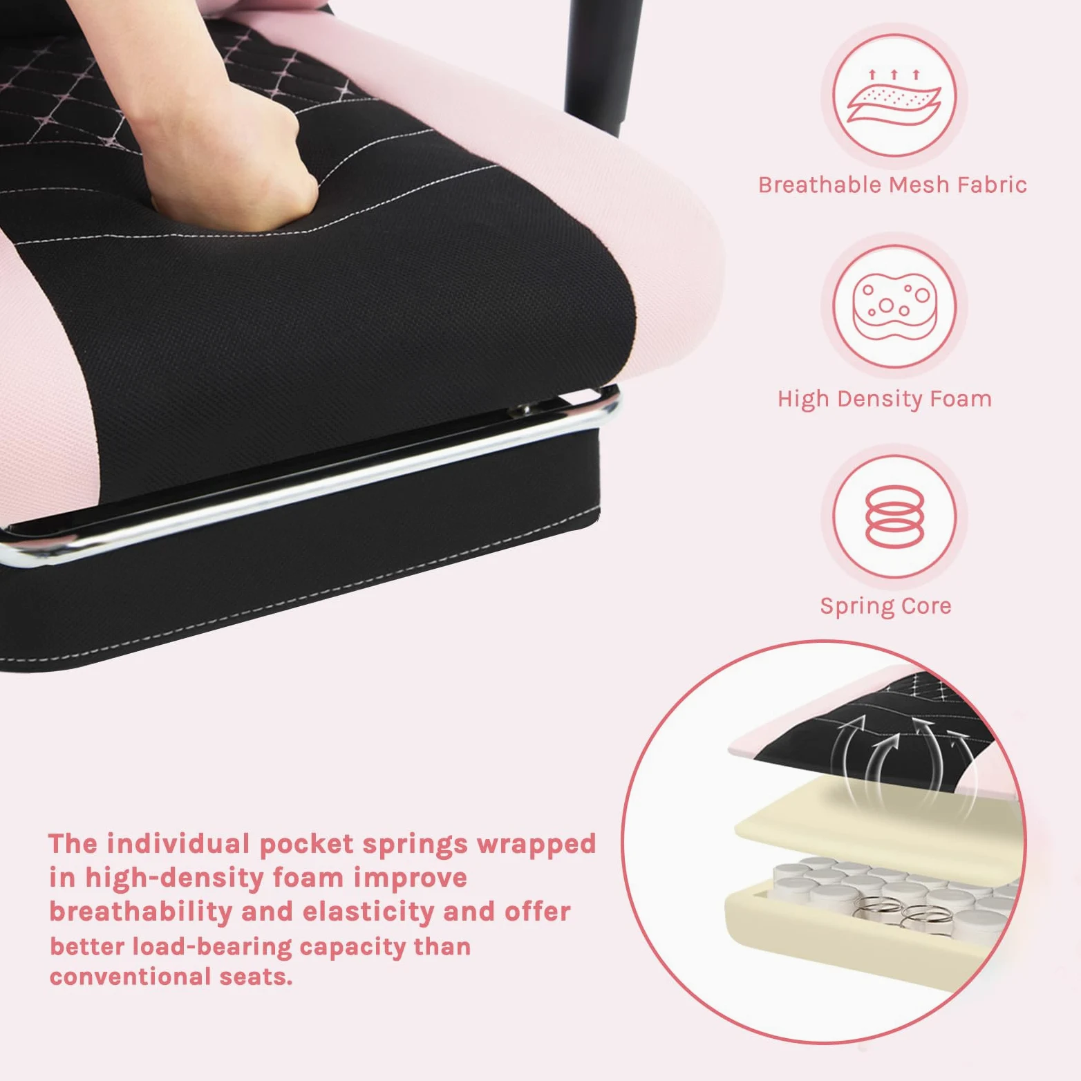 WOLTU Chaise Gaming, Chaise Bureau Massante, Fauteuil Ergonomique avec Coussin Lombaire Massant, Siège Large à Ressorts, Appui-tête, Repose-Pieds, Tissu Maille, Charge 150kg, Noir+Rose