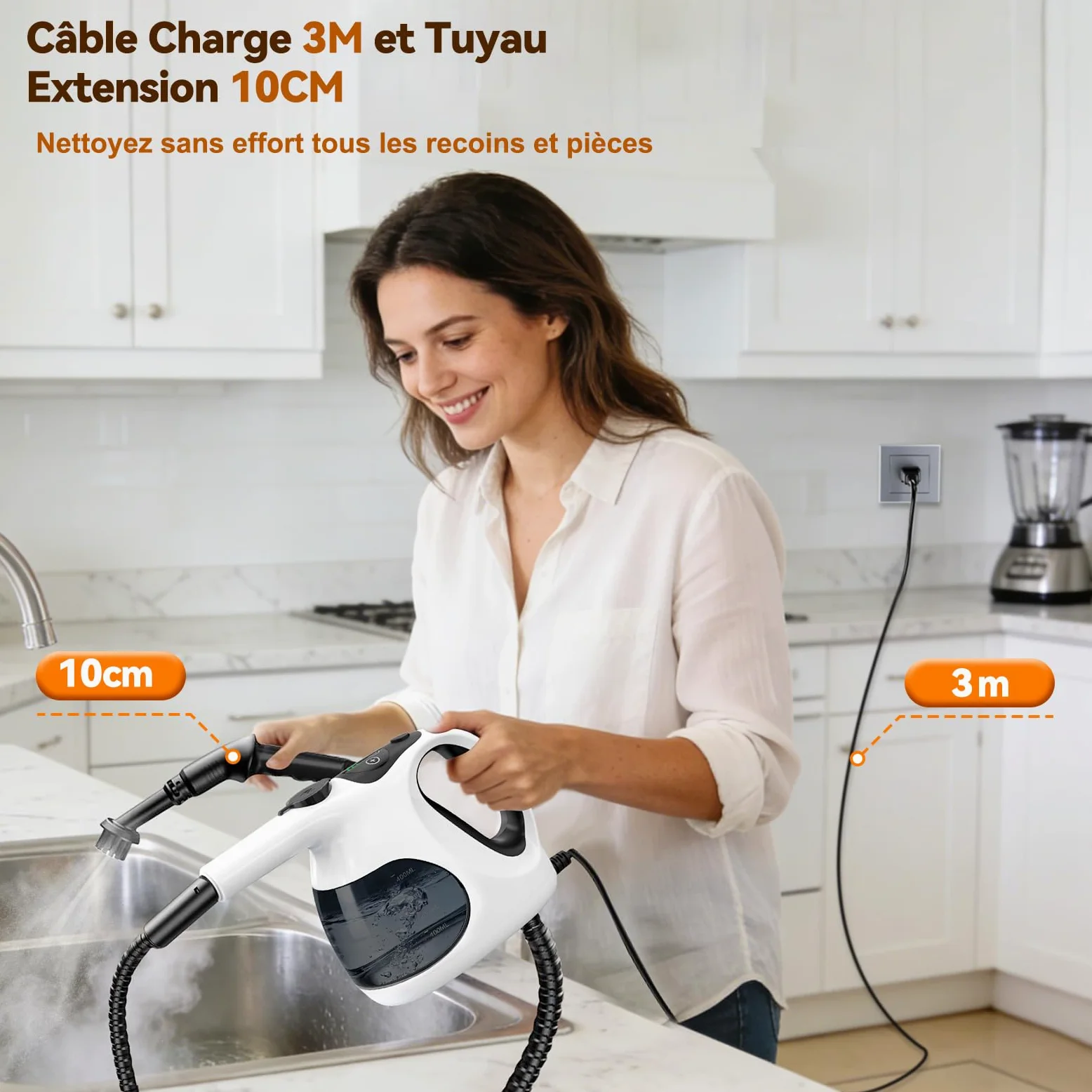 Nettoyeur Vapeur à Main 5S Chauffe Rapide, Steam Cleaner Poids Optimisé (Seulement 0.92 kg), 400ML Réservoir Transparent (Remplissage Facile),avec 10 Accessoires