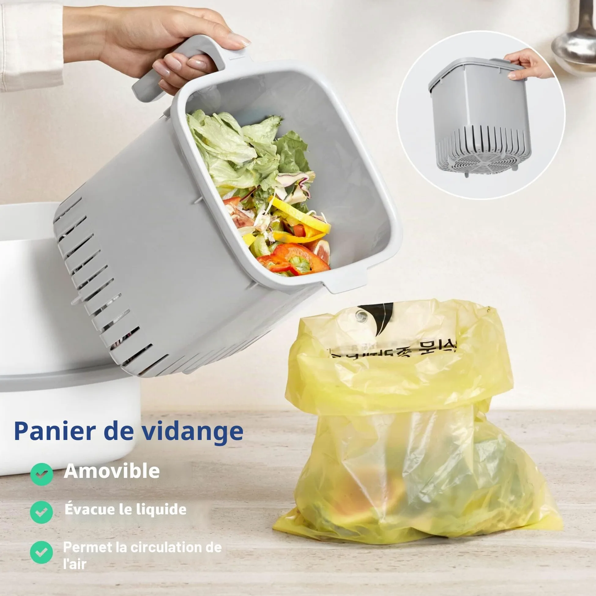 BLUE GINKGO Bac à Compost de Cuisine - Bac de Déchets Alimentaires Facile à Nettoyer avec Poignées | Bac à Compost de Cuisine pour Plan de Travail | Fabriqué en Corée (5 L) - Gris