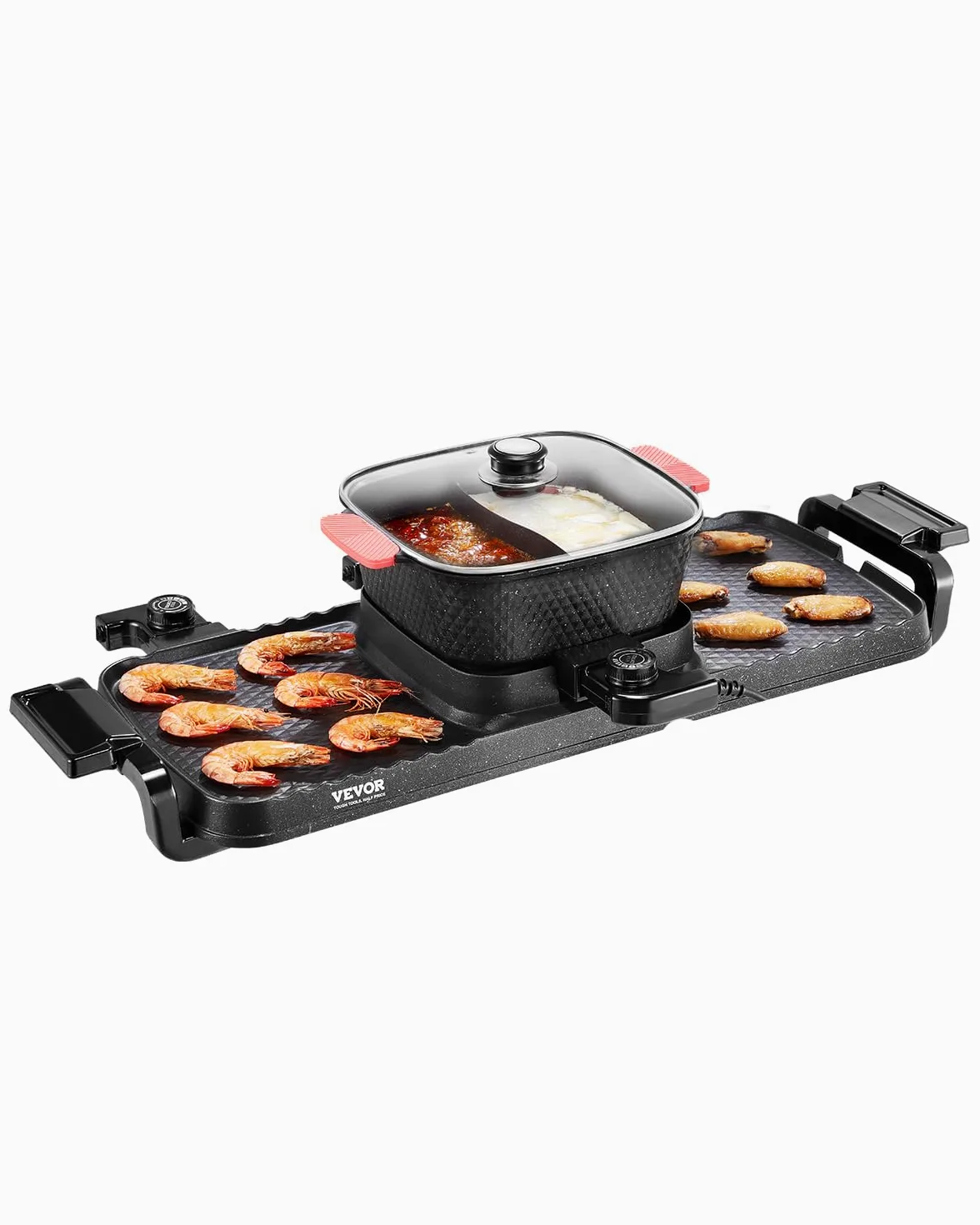 VEVOR Appareil à Fondue Chinoise Shabu Shabu avec Gril 2-en-1, Grill Électrique sans Fumée 2300 W, avec Marmite Amovible Antiadhésive, Double Contrôle de Température Séparé, Dîner en Famille