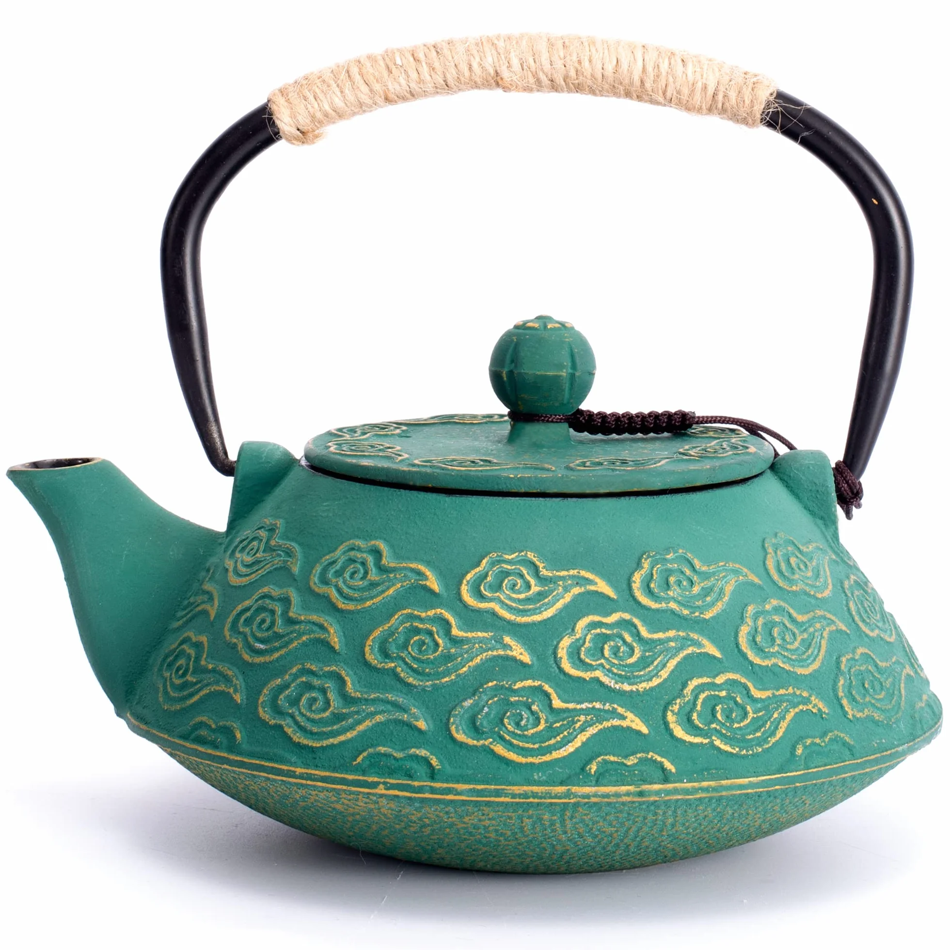 Théière japonaise en fonte avec infuseur pour feuilles en vrac, qui va sur la cuisinière, avec revêtement intérieur émaillé, motif nuages, 800 ml, vert