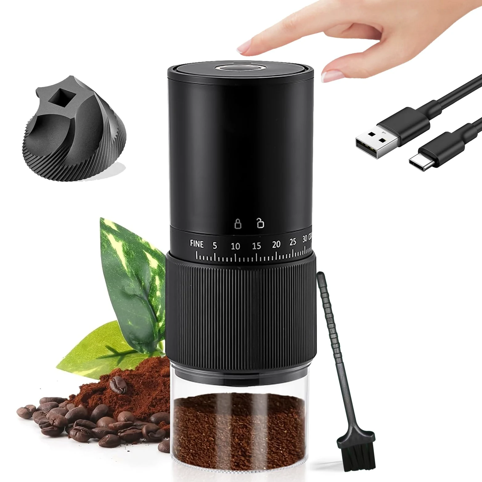 Moulin à Café, Moulin A Cafe Electrique, 30 RéGlages, Moulin à Café Sans Fil Rechargeable Avec Meule Conique En CéRamique Et Brosse De Nettoyage Broyeur Cafe Grain, Pour Le Voyage Et Le Camping