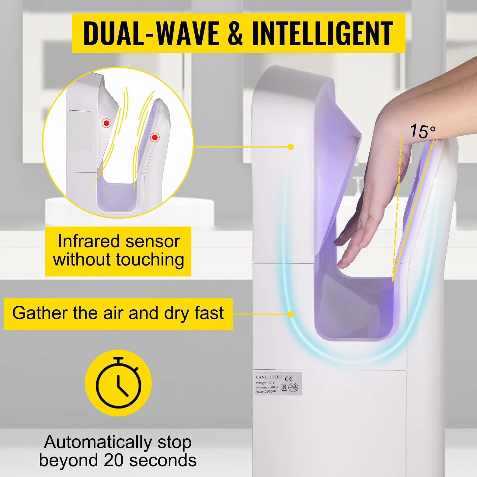 VEVOR Sèche-Mains Automatique 2000W Sèche Main Air Pulsé Électrique Commercial ABS Super Puissant Filtration HEPA 43℃ Moteur à Balais Carbone pour Sécher Séchage Mains Toilettes 290x220x685 mm Blanc
