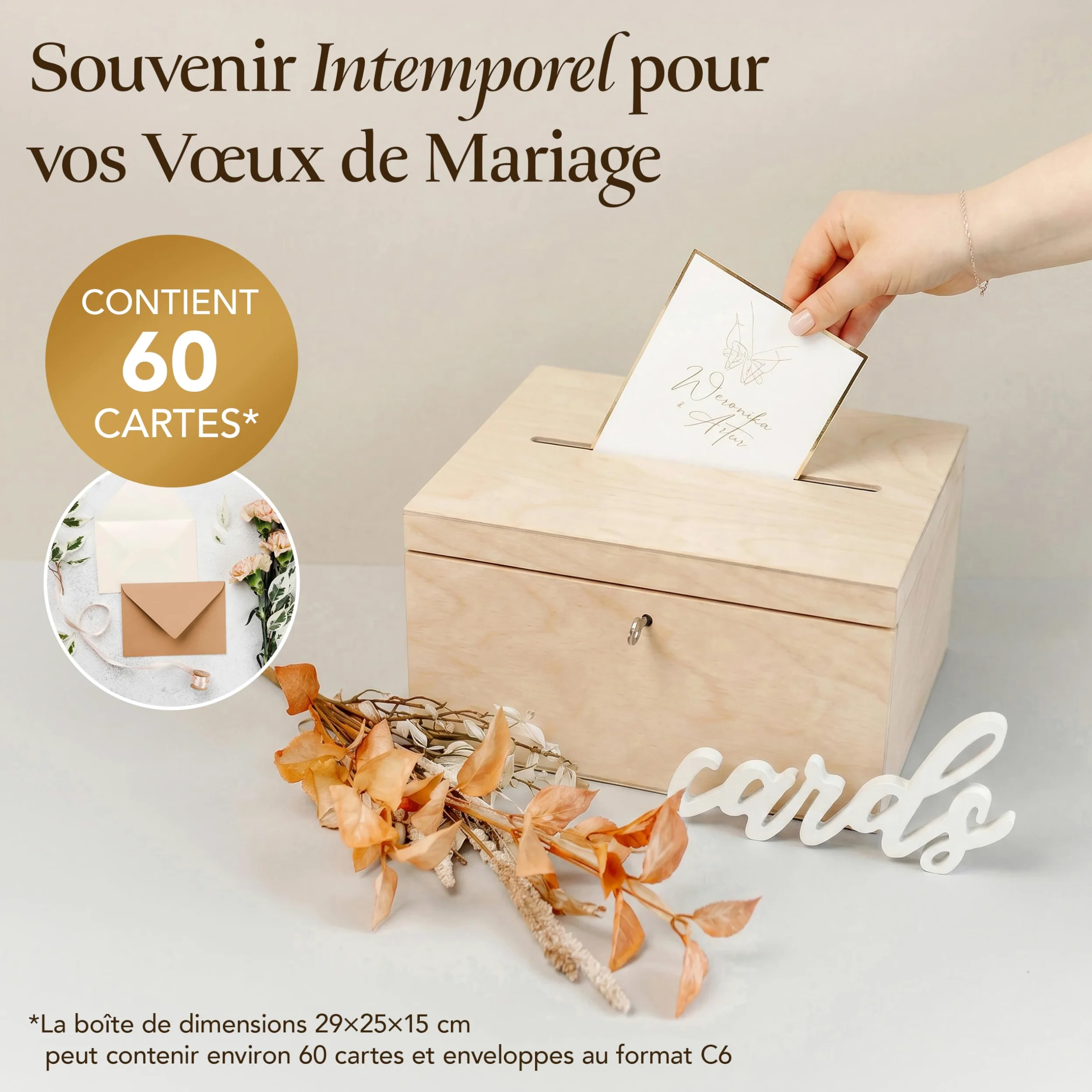 Creative Deco Boite en Bois pour Enveloppes | 29 x 25 x 15 cm | Bois Naturel | avec Couvercle et Clé | Boîte pour Occasions Spéciales | Urne Anniversaire | Mariage | Boite a Souvenirs, Cartes Lettre