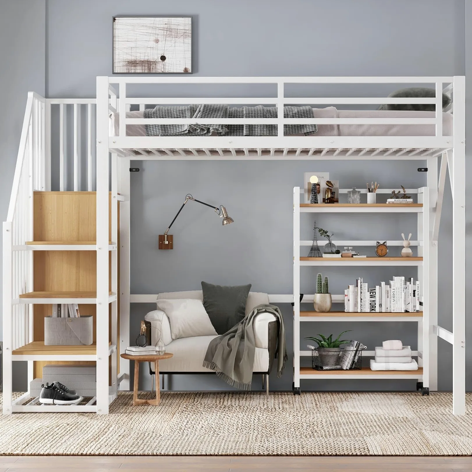 Lit Mezzanine Enfant 90x200 Métal,Lit Mezzanine 1 Place avec étagère à 4 Niveaux sur roulettes,Escalier de Rangement,Tringle à Vêtements,Haute Barrière,pour Enfants Ados