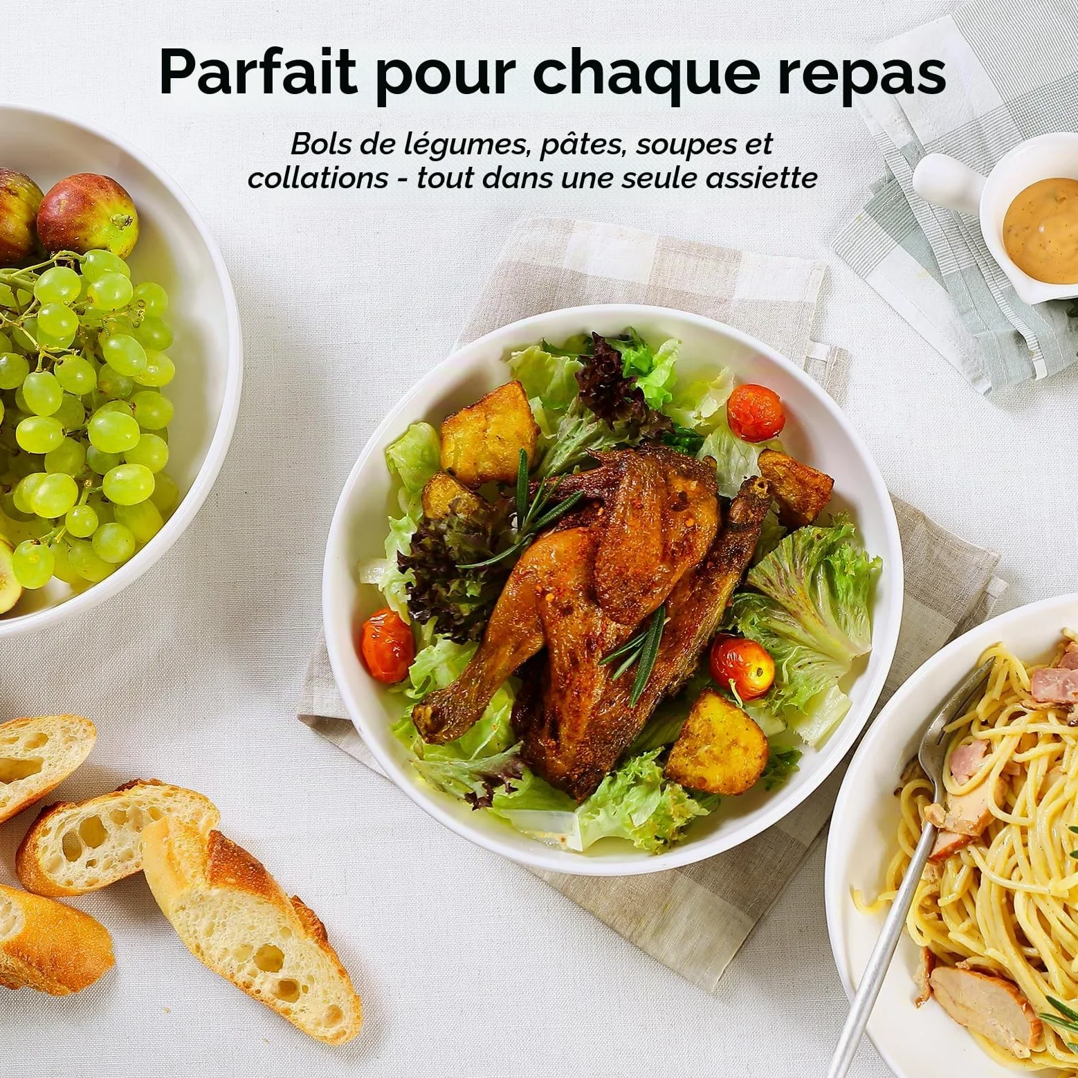 Y YHY Lot de 4 grands bols à pâtes de 24,8 cm, grands bols à salade de 1,4 l, bols de service en céramique, larges et peu profonds, passent au micro-ondes et au lave-vaisselle, blanc