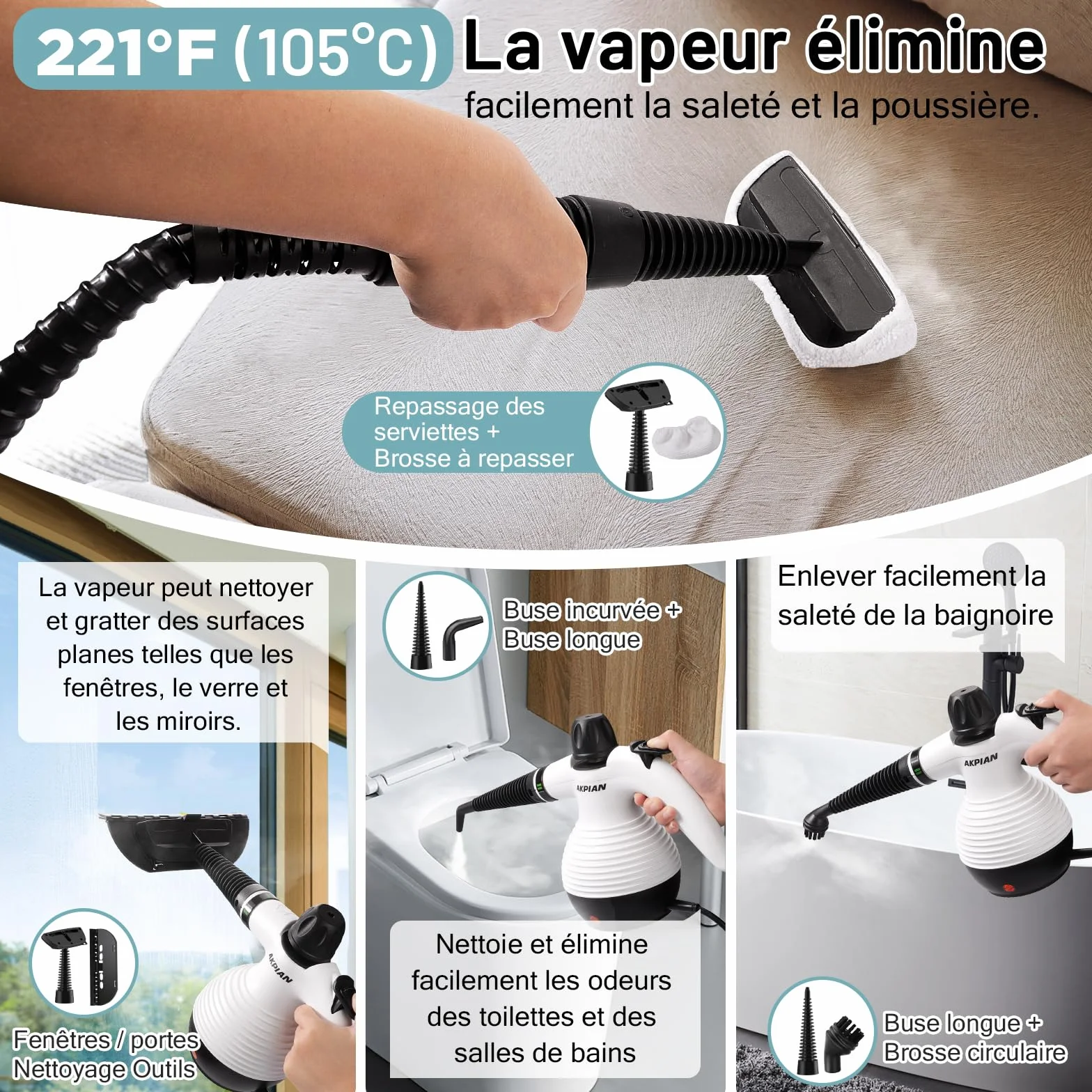 Nettoyeur vapeur à main, nettoyeur vapeur portable, multi-usage, avec serrure de sécurité et kit d'accessoires de 10 pièces pour enlever la saleté, la graisse