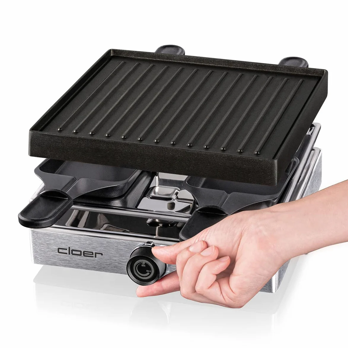 Cloer 6454 Raclette gril avec plaque en aluminium moulé sous pression, 4 poêlons à raclette antiadhésifs, spatule en plastique, emplacement de stationnement non chauffé, 750 W, aluminium