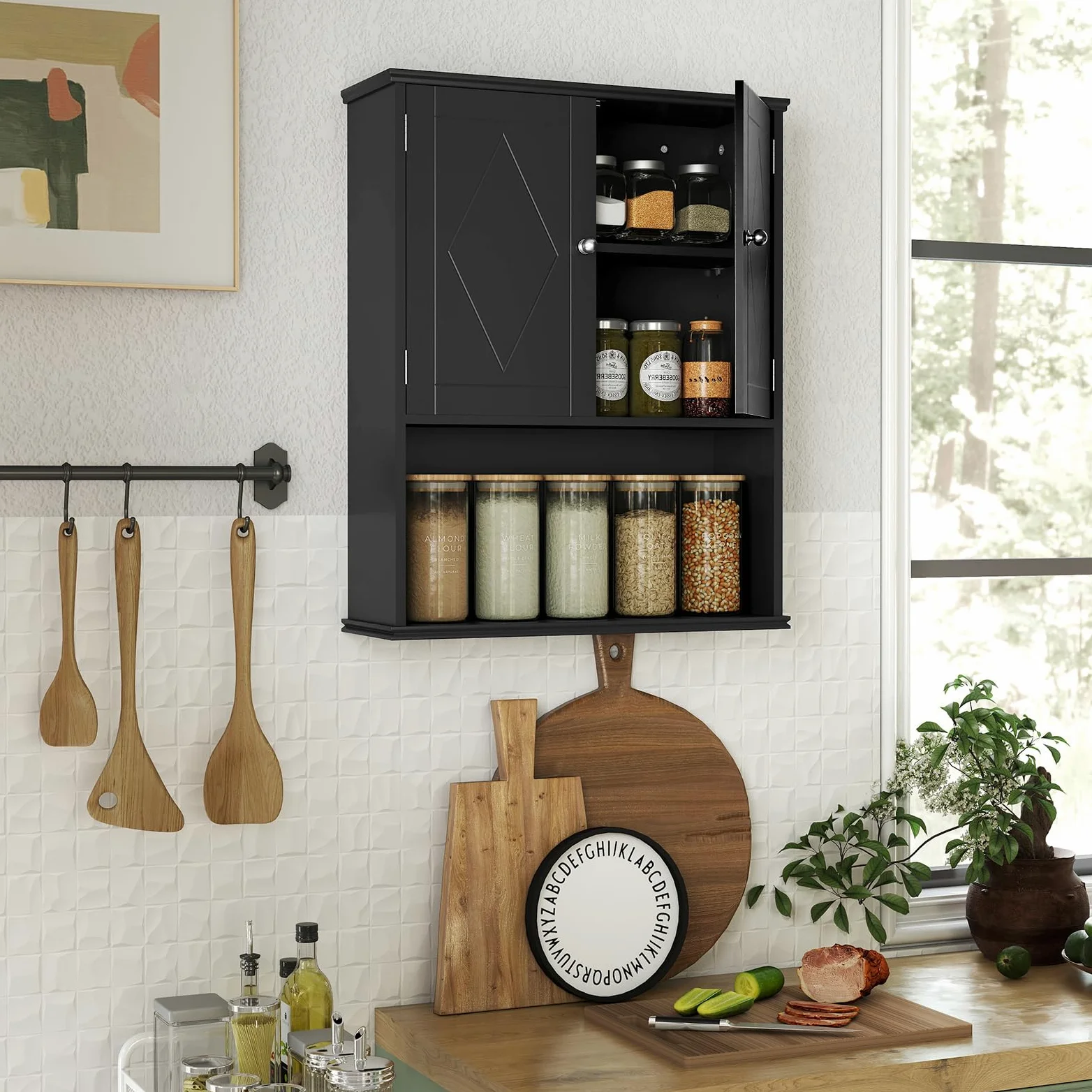 COSTWAY Armoire Murale Salle de Bain, Meuble WC Suspendu avec 2 Portes, Étagère Réglable, Compartiment Ouvert, Style Ferme, Gain de Place, pour Toilette, Buanderie, Cuisine, 21 x 60 x 75 cm (Noir)