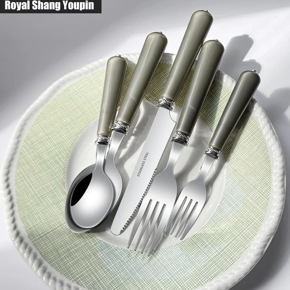 ABS Perle Poignée Cuisine Acier Inoxydable Argenterie Vaisselle Couverts Ensemble De Couverts Couteau À Steak Fourchette Cuillère Cuillère À Café Ustensiles (Beige,20 pièces)
