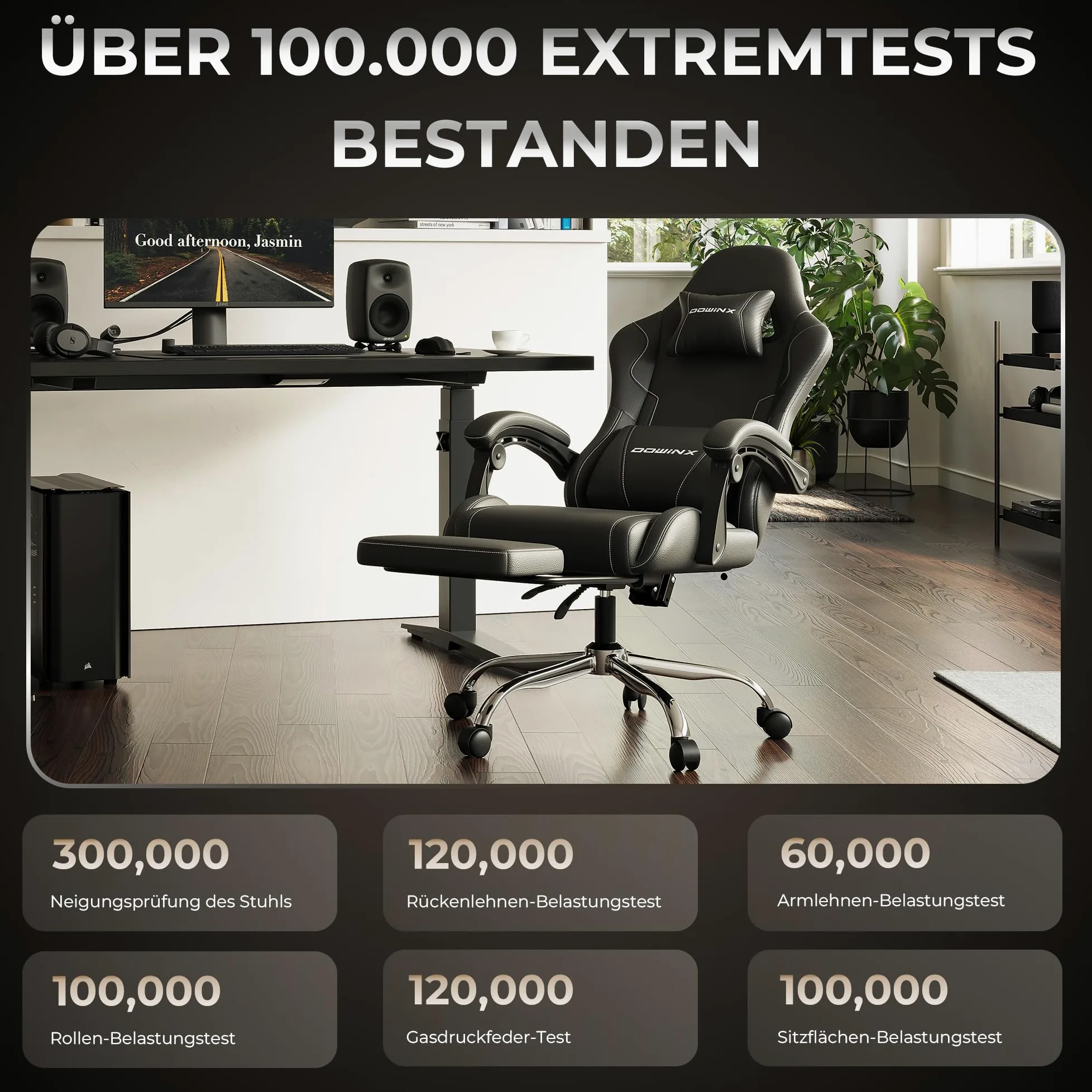 Dowinx - Chaise gaming - Ergonomique - Chaise de bureau pour gamer avec appuie-tête réglable, accoudoirs, et repose-pieds - Inclinaison du dossier réglable jusqu'à 150° - Charge maximale de 180 kg
