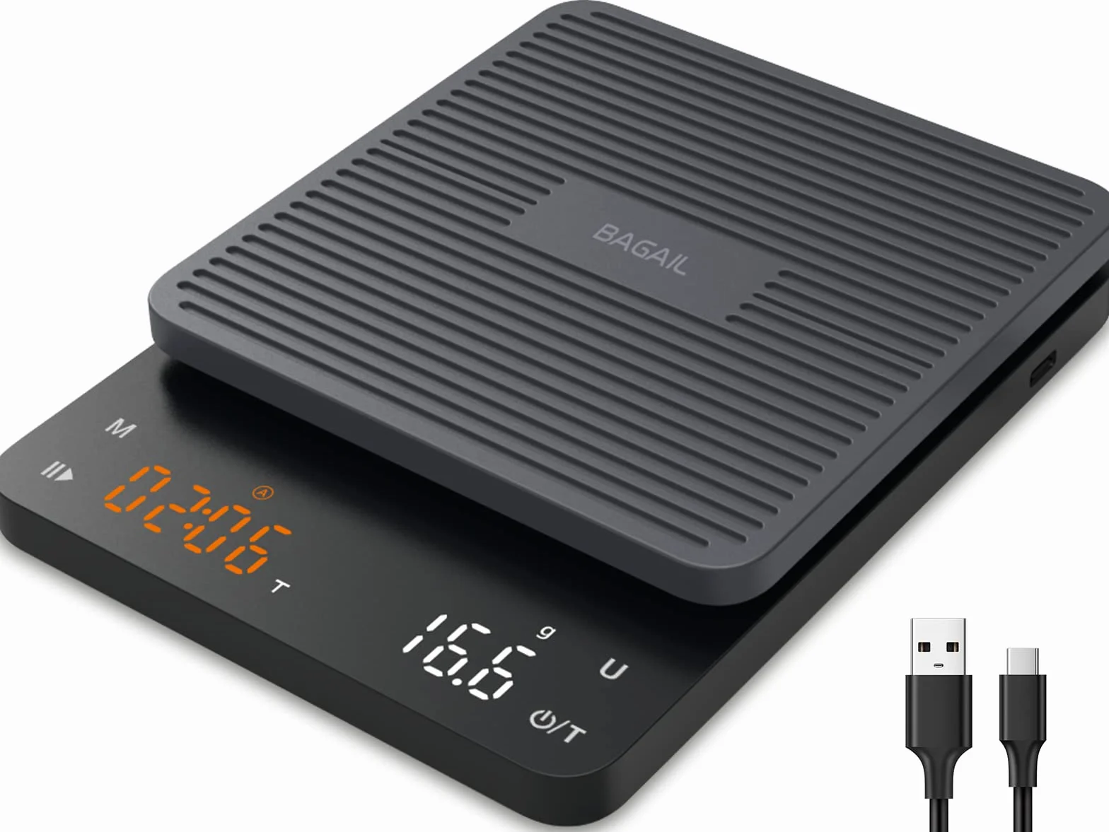 BAGAIL Balance Numérique à Café avec Minuterie, Précision 0.1g, Grand Écran, Tarage Automatique, Boutons Tactiles, Rechargeable pour Café Filtre, Poids Max 3kg