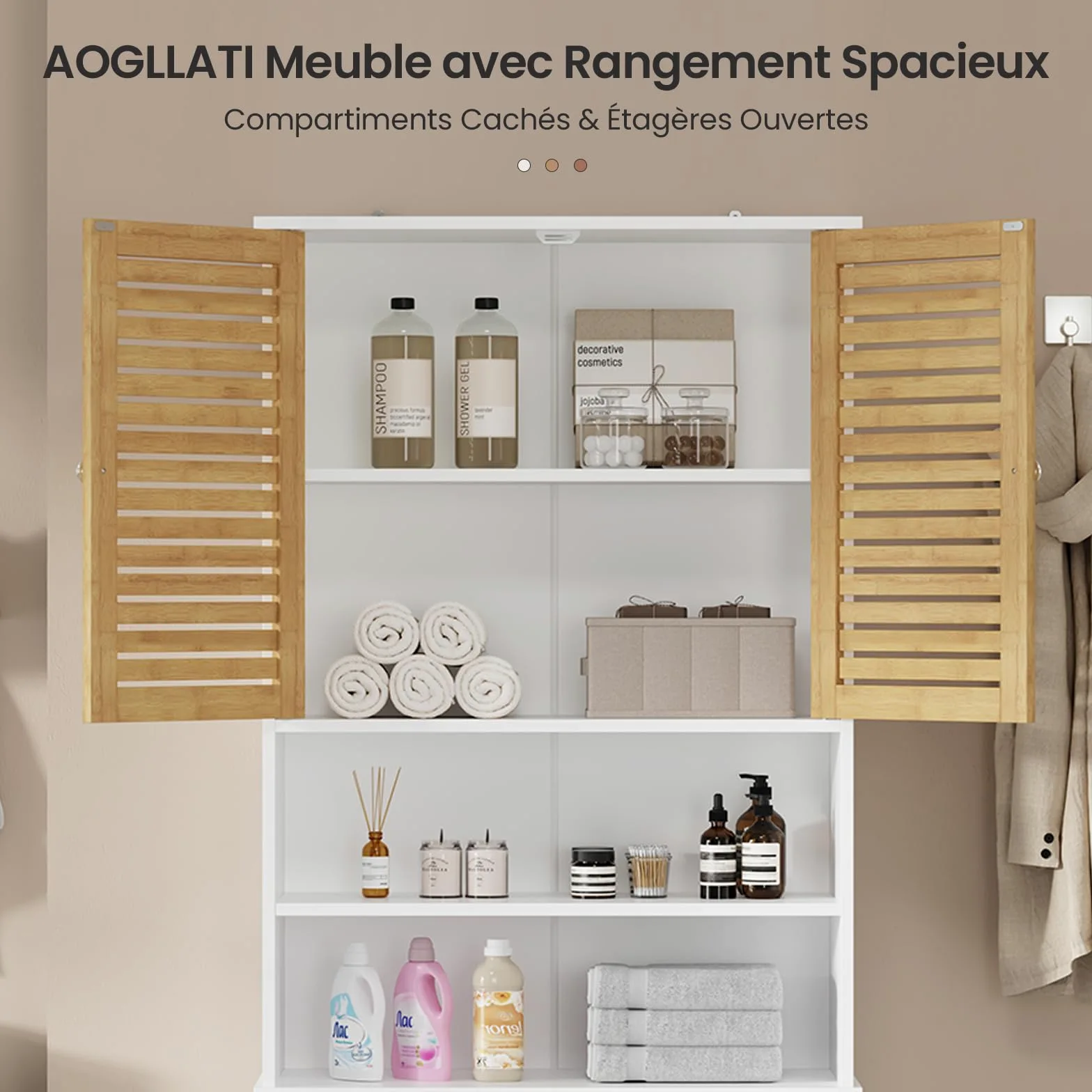Meuble Machine à Laver, Armoire Dessus Toilette avec 2 Compartiments Ouverts, Espace Derrière 2 Portes en Bambou, Meuble WC Rangement avec Étagère Réglables, 185,5 x 65 x 24 cm