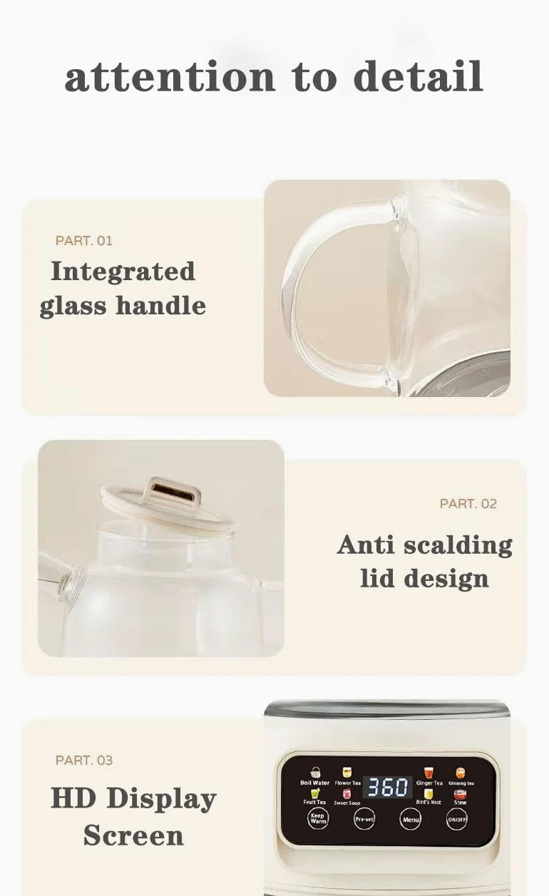Théière Électrique Multifonction 1200ml, 8 Modes de Préparation, Base Chauffante avec Écran Digital, Carafe en Verre, Blanc