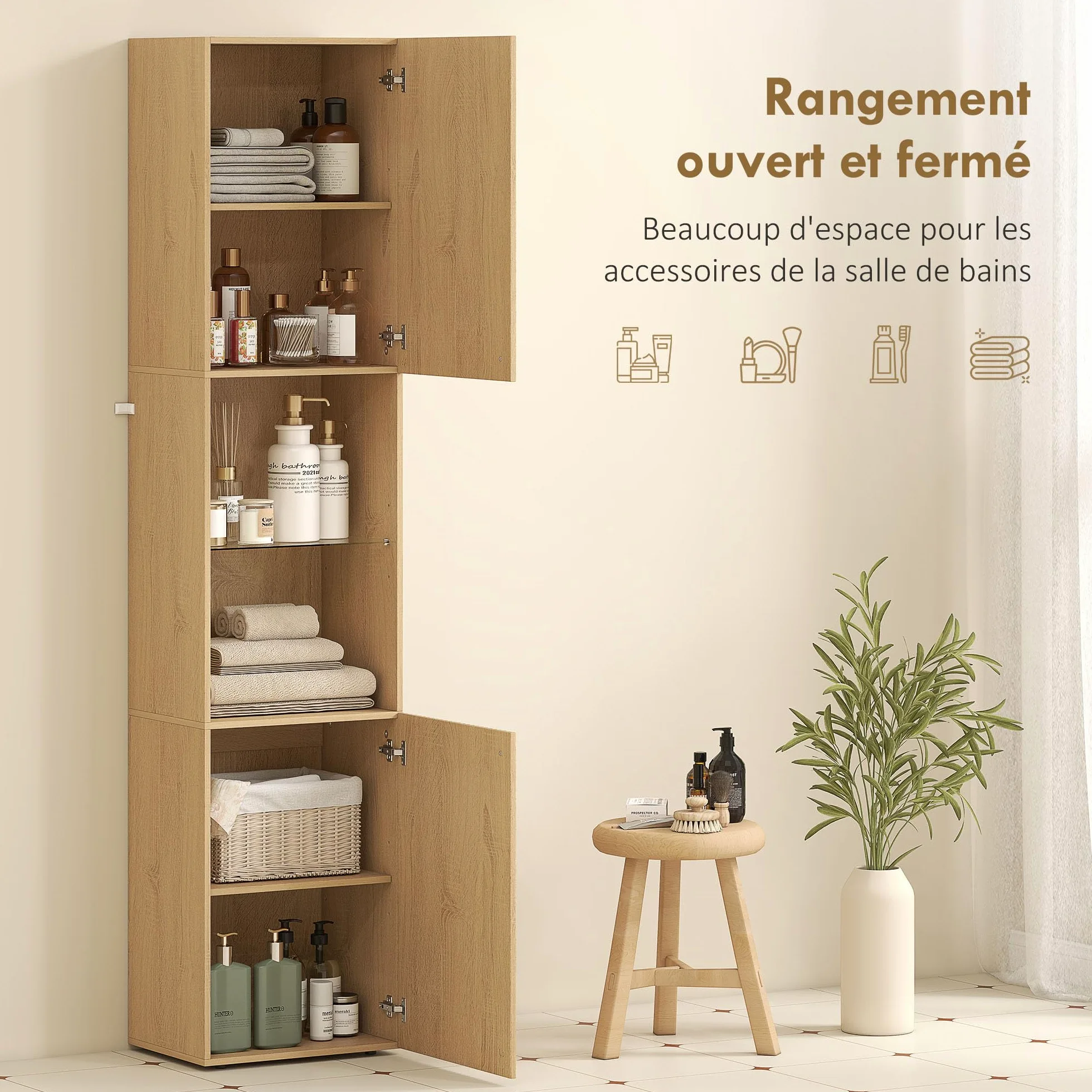 HOMCOM Meuble Colonne Salle de Bain, Meuble de Rangement étroit 6 Niveaux, 2 Portes, Compartiments Ouverts, étagère Verre trempé, étagères réglables, pour Toilette, Petits espaces, 40x31x182cm, chêne