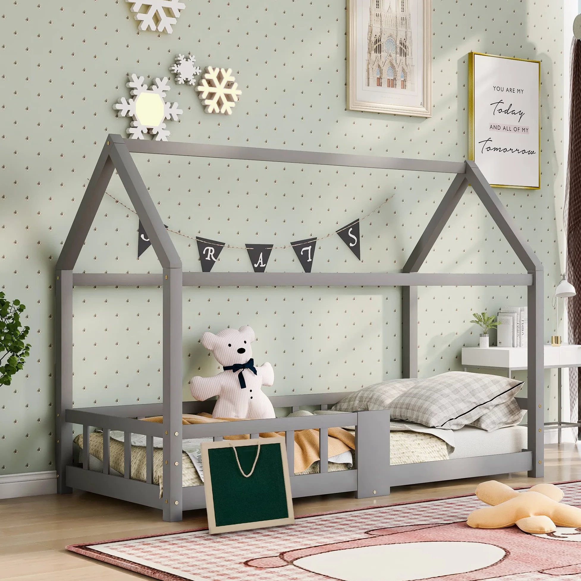 Lit Cabane Enfants 90x200, Lit Maison en Bois Massif avec Barrière Anti-Chute pour Chambre Enfant, Sommier Intégré, Gris,sans Matelas