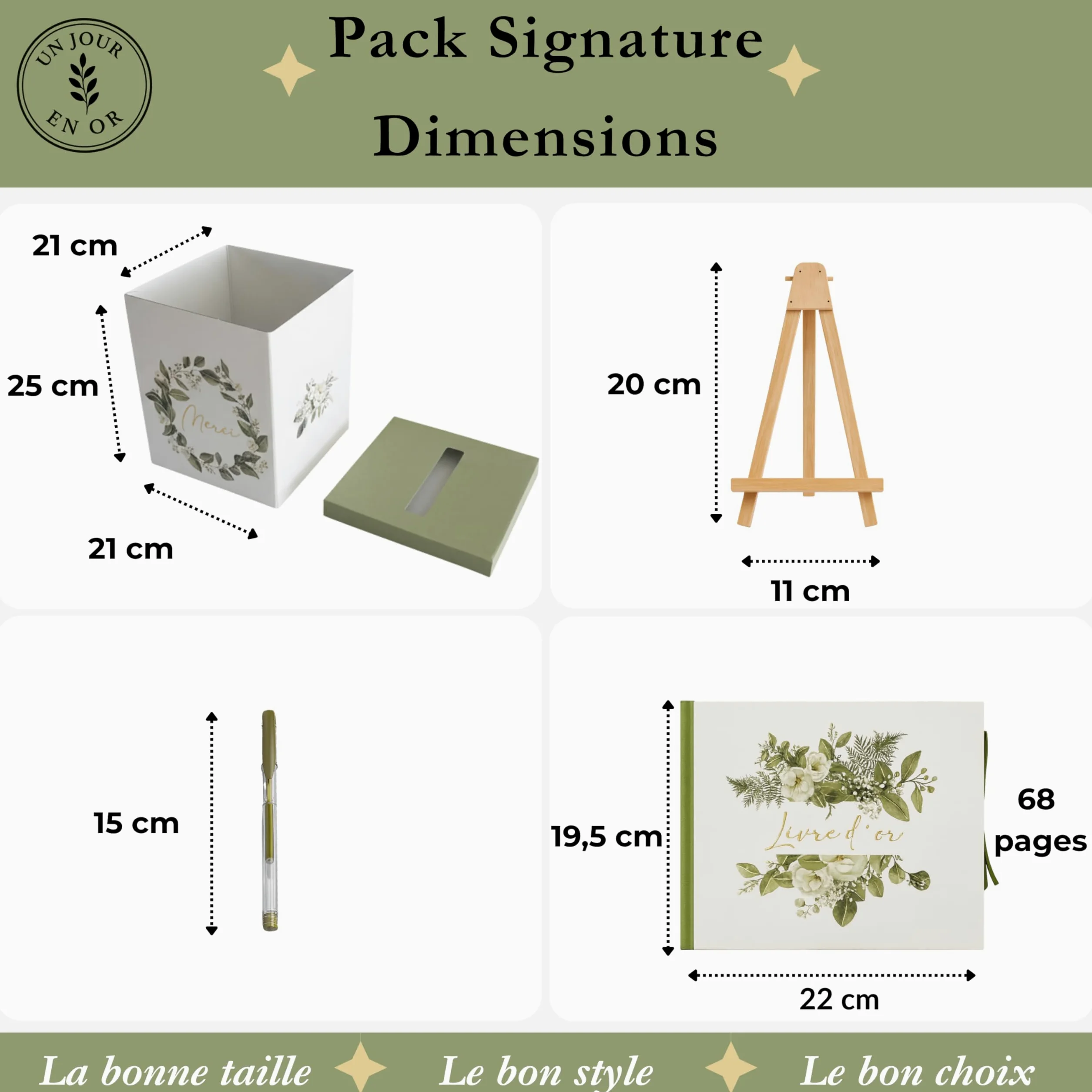 Pack Signature Vert et Or : 4 éléments (Urne Merci, Livre d’or, Stylo encre doré, Chevalet en bois) pour mariage, baptême, anniversaire, départ en retraite et toutes célébrations