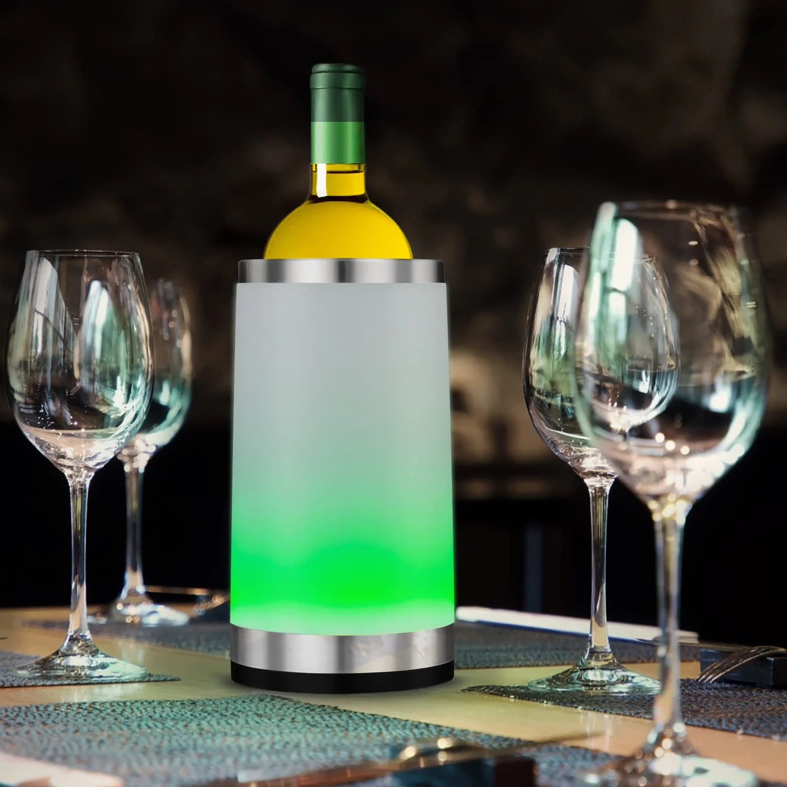 Refroidisseur de Vin avec Lampe Tactile RGB Ambiante Rechargeable| Rafraîchisseur de Bouteille avec 2 Ice Pack pour 750ml de Champagne| Accessoires de Vin pour la Fête/Dîner