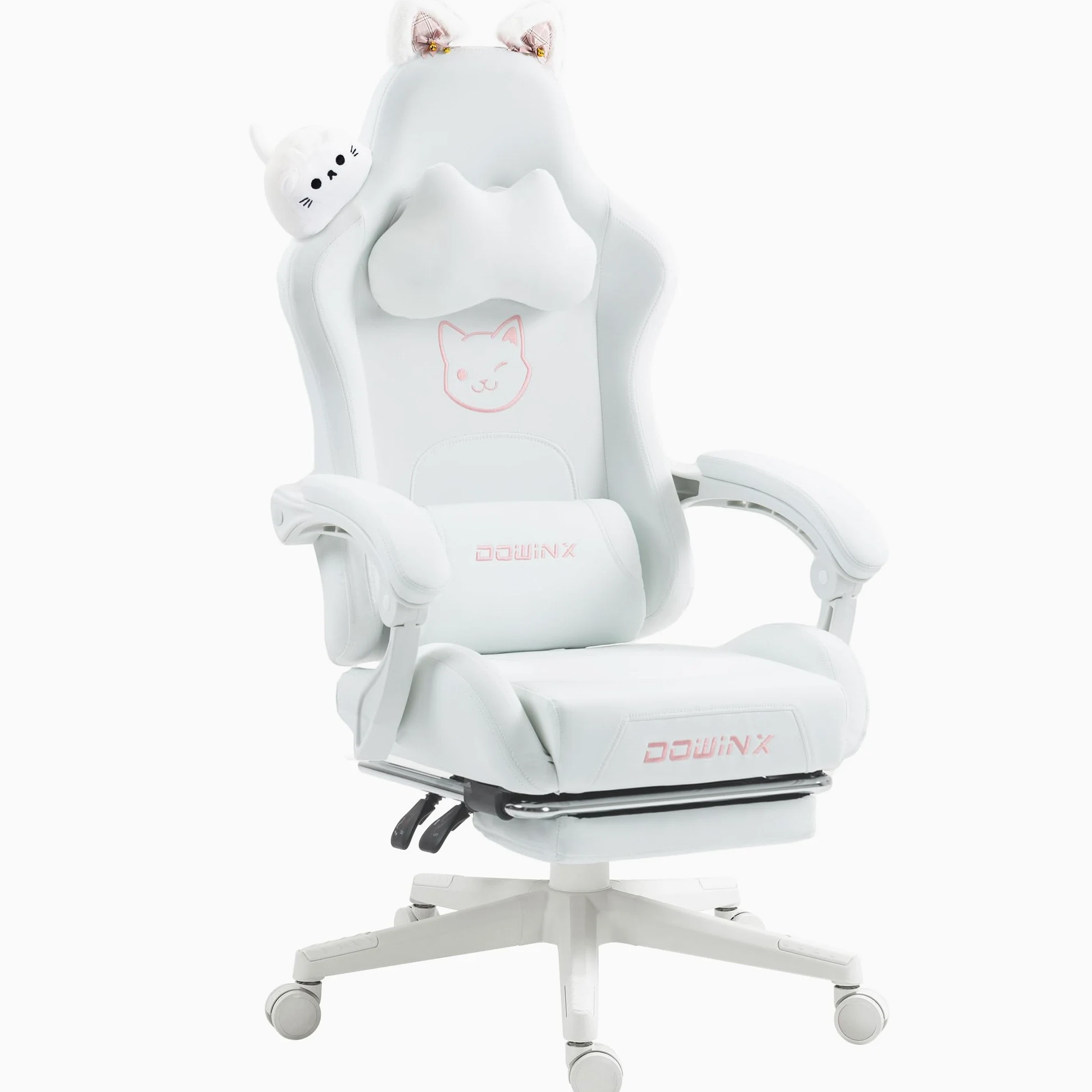 Dowinx Chaise de jeu/d’ordinateur, édition chat mignon blanc, ergonomique, avec dossier haut et soutien lombaire, repose-pieds, en cuir synthétique
