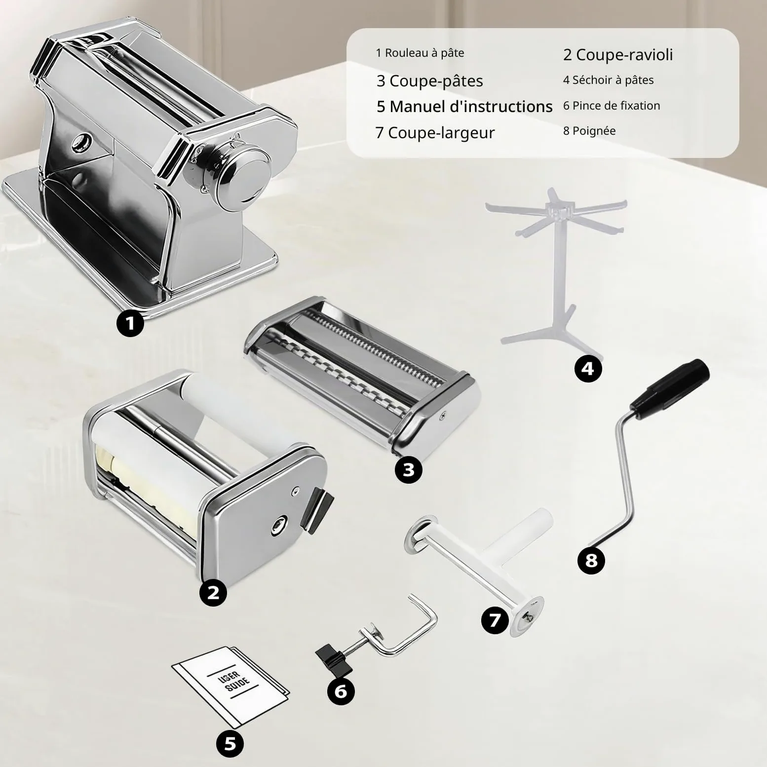 MZTOGR Machine à pâtes et raviolis, lot de 6 pièces en acier de 150 mm avec 9 réglages d'épaisseur réglables, avec accessoire pour raviolis, égouttoir à pâtes