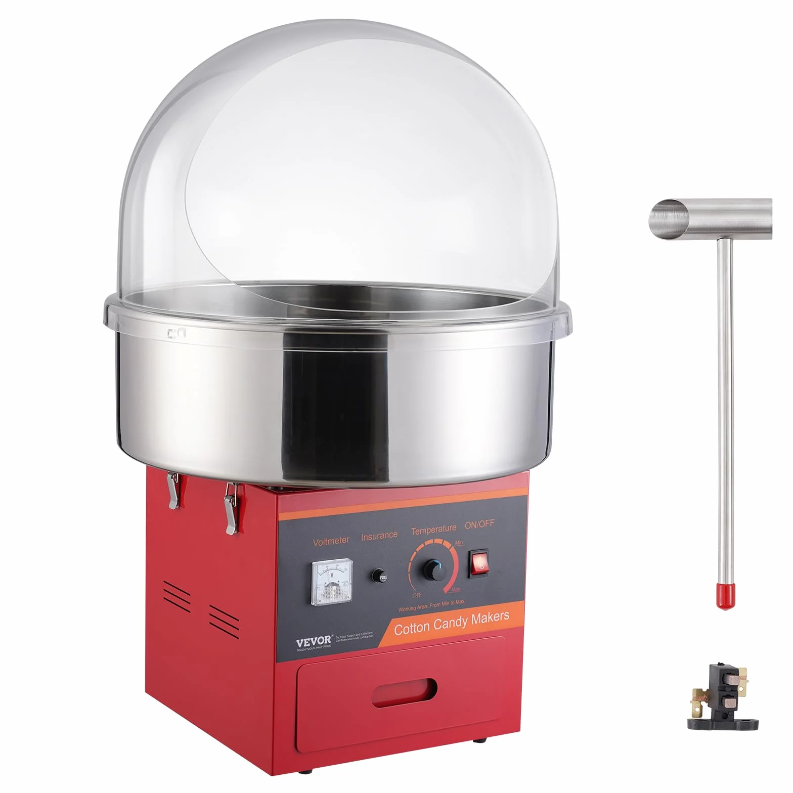 VEVOR Machine à Barbe à Papa Électrique 1000 W, Appareil à Barbe à Papa Commercial avec Couvercle Rouge, Bol en Acier Inoxydable, Cuillère à Sucre, Tiroir, pour Faire Bonbons Fête Anniversaire