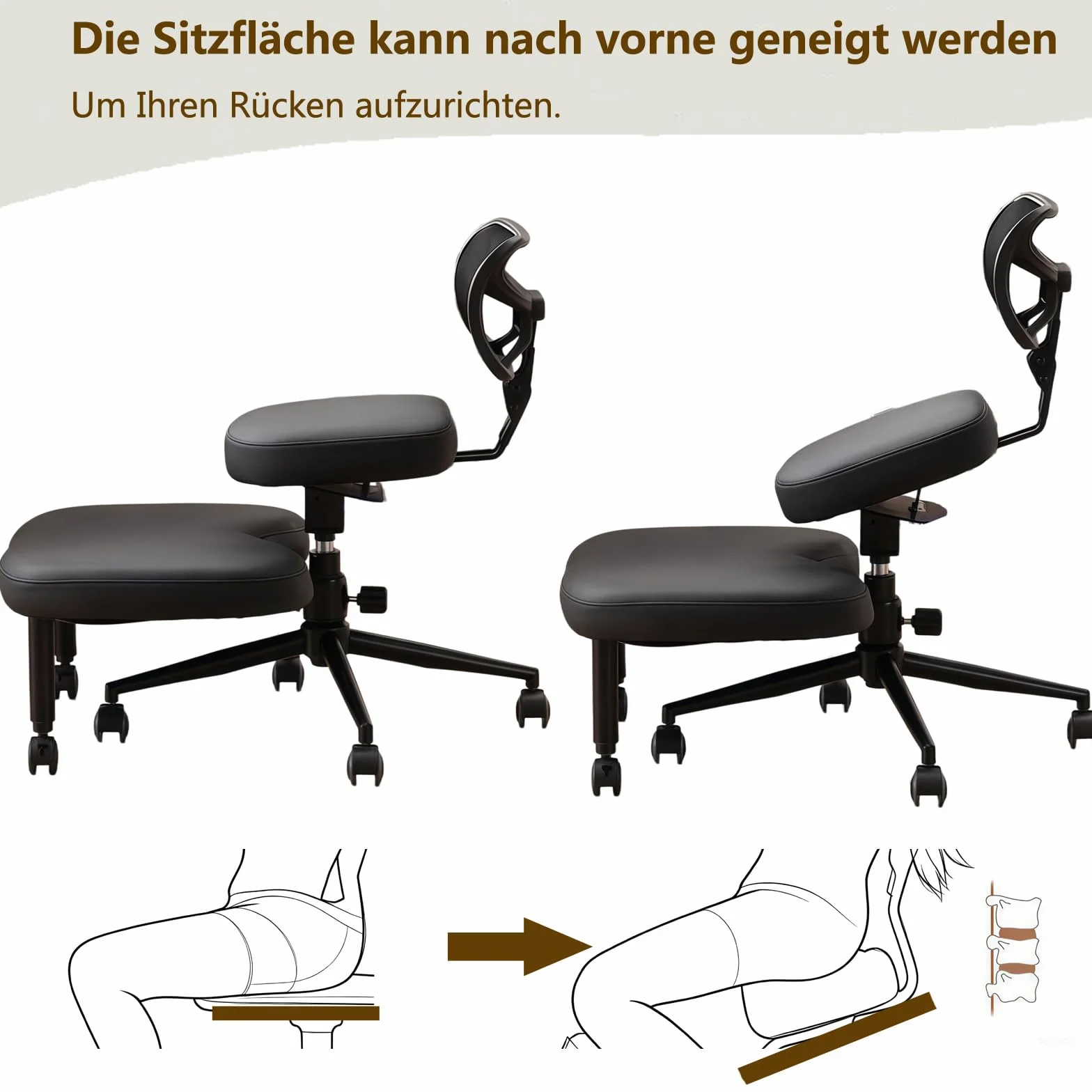 Chaise croisée avec roues, chaise à genoux polyvalente avec support arrière, tabouret réglable avec siège incliné pour une meilleure posture, coussins épais et confortables, noir