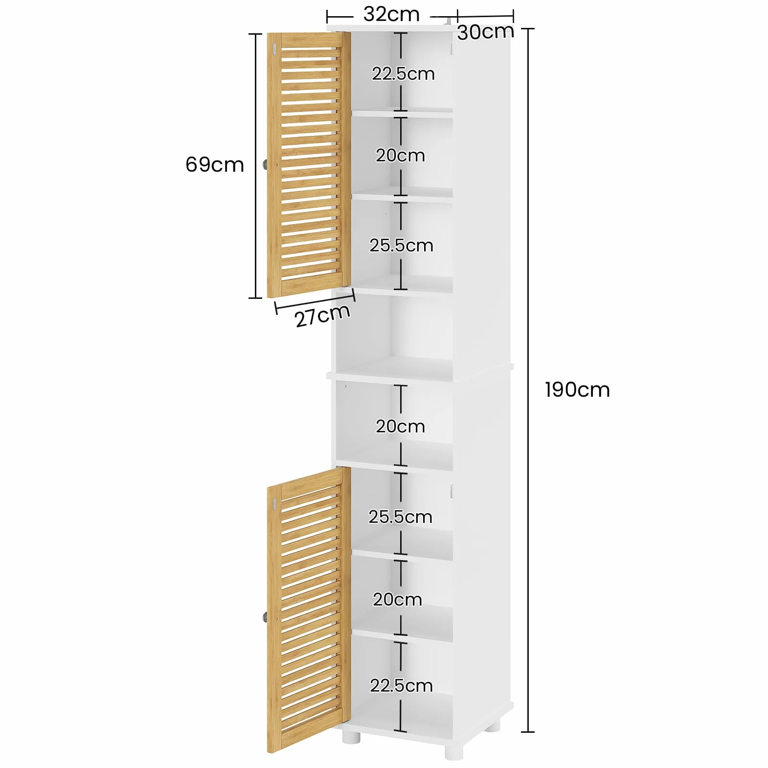 Meuble Colonne Salle de Bain, Armoire de Salle de Bain Haute avec 2 Étagères Ouvertes et 2 Portes en Bambou，Meuble pour Salon, WC, Cuisine, Entrée, 30 × 32 ×190 CM
