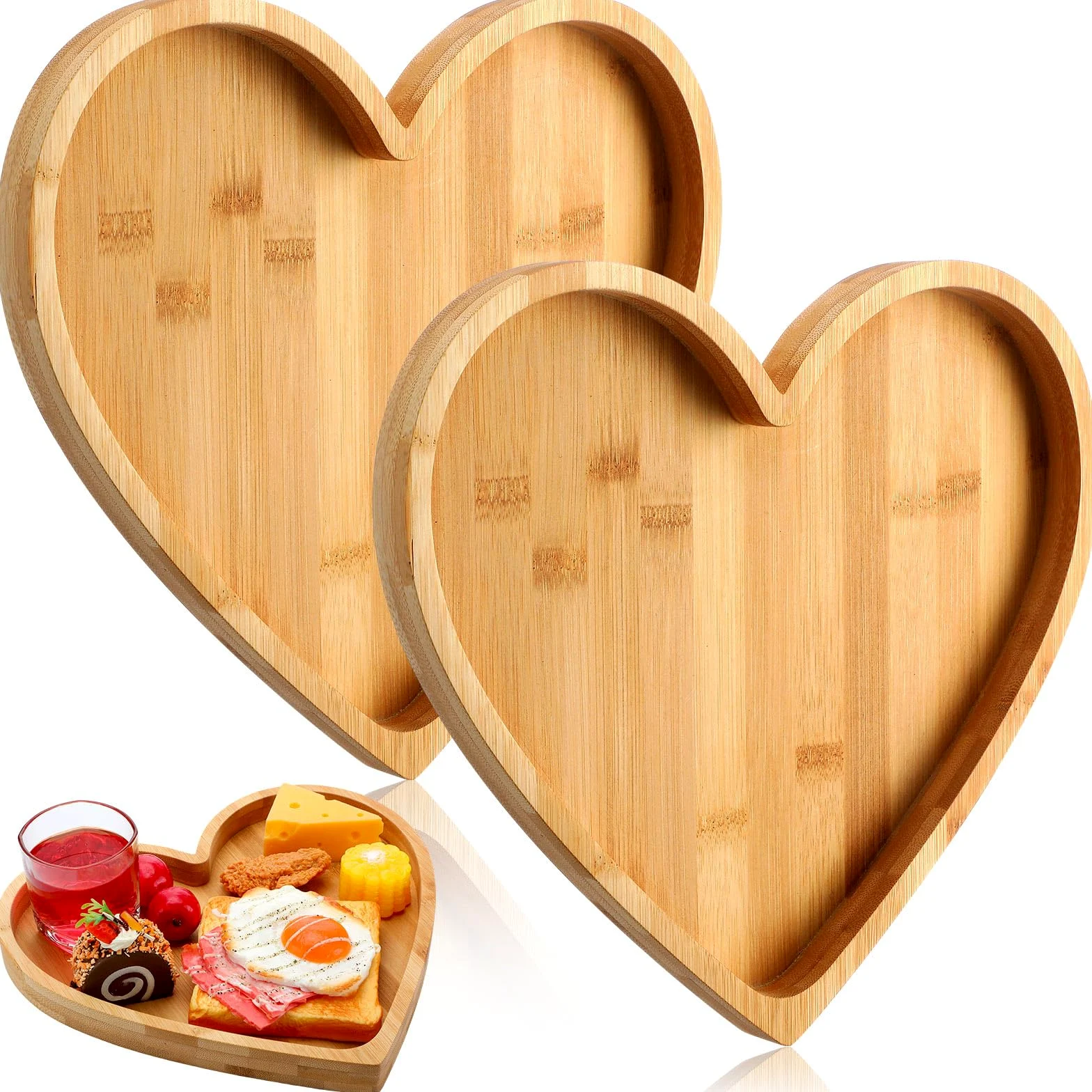 Teling Lot de 2 plateaux de service en bambou avec 5 rainures, planche à charcuterie, à bonbons, cadeaux pour le printemps, les vacances, les fêtes d'anniversaire, 25,4 à 27,9 cm (cœur)