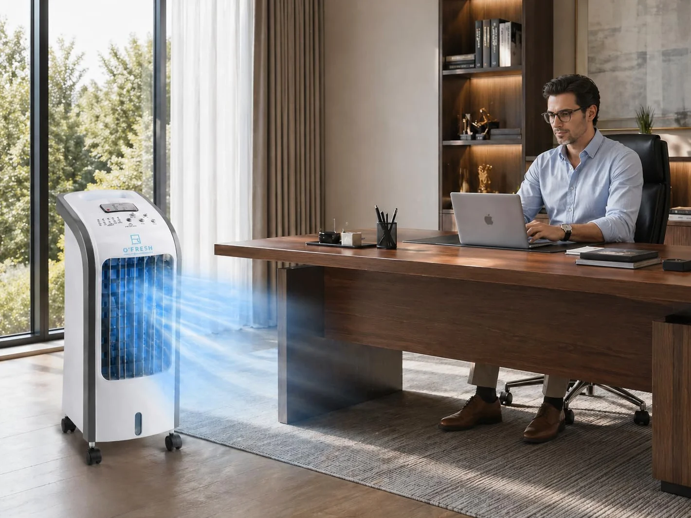 O'FRESH Rafraichisseur d'air silencieux - Portable grace à ses roulettes - Ventilateur à évaporation, rafraichit instantanément - Télécommande - Timer - Assainit l'air ambiant des polens et poluants