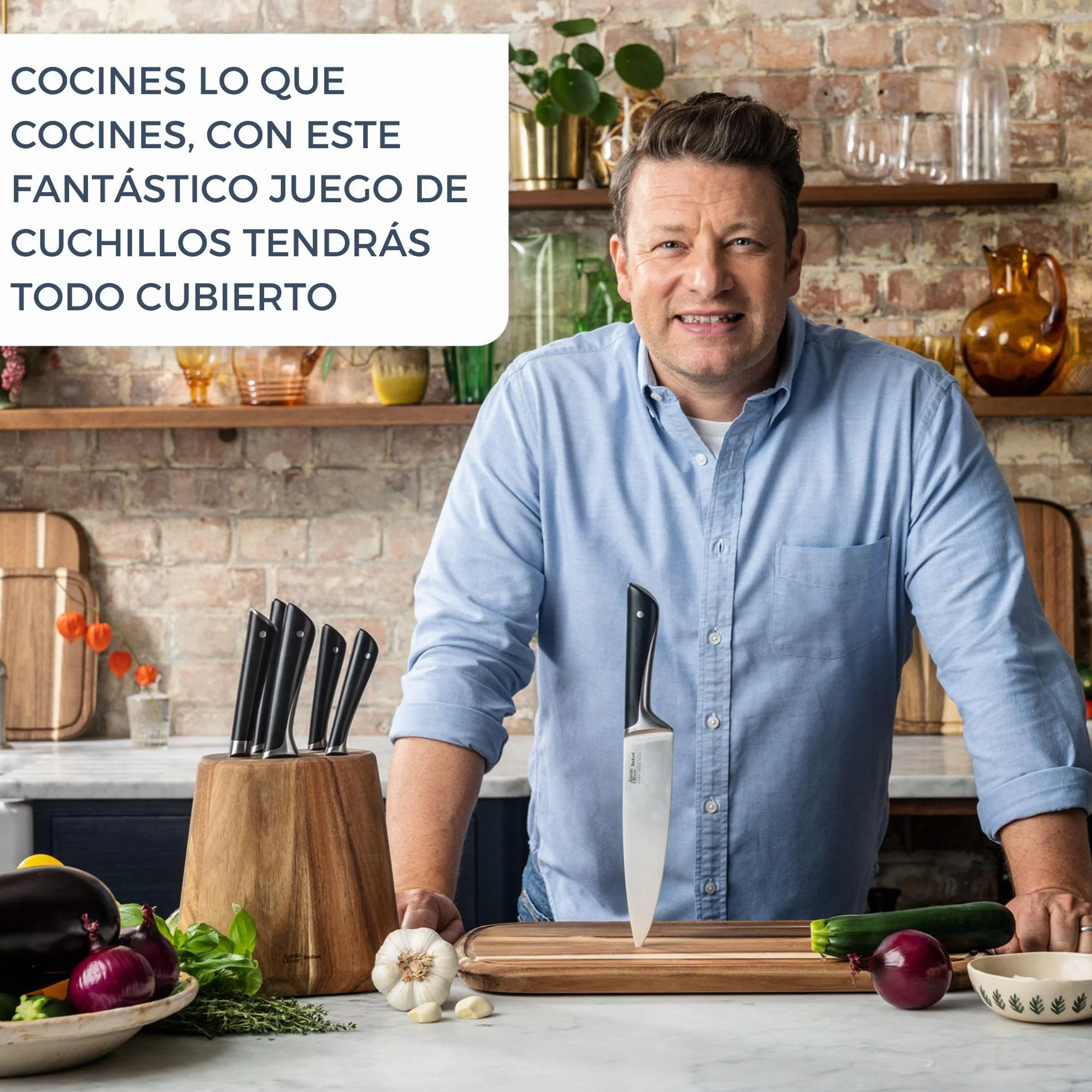 Tefal JAMIE OLIVER by Bloc + 5 Couteaux de cuisine, Chef 20 cm, Santoku 16.5 cm, Pain 20 cm, Utilité 12 cm, Office 9 cm K267S556