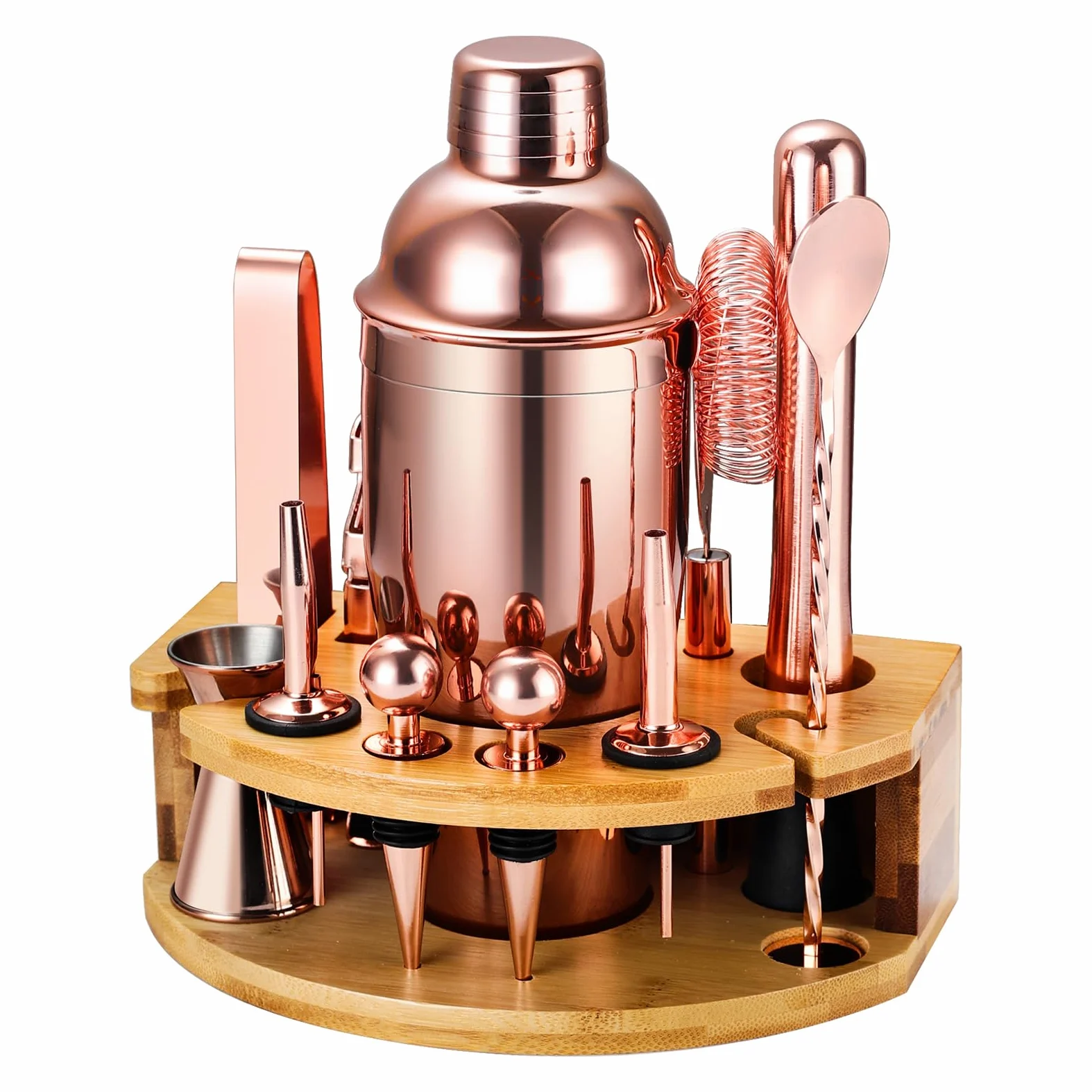 Kit Shaker à Cocktail avec Support, Kit Cocktail 12 Pièces en Acier Inoxydable avec Shaker Cocktail de 750ML Pilon Verre Doseur Cocktail, Machine à Cocktail Set pour Bar à Domicile, Fête (Or Rose)