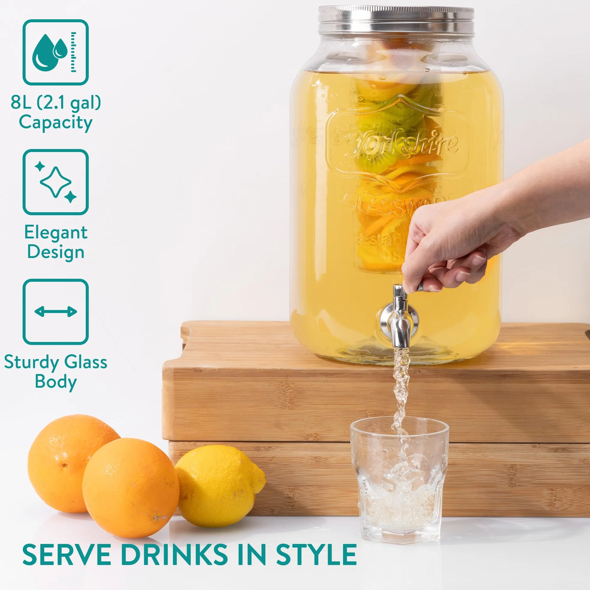 Navaris Distributeur de Boissons avec Robinet - Distributeur Boisson 8 L en Verre avec Couvercle et 2X Insert - Fontaine Eau Cocktail Jus Alcool