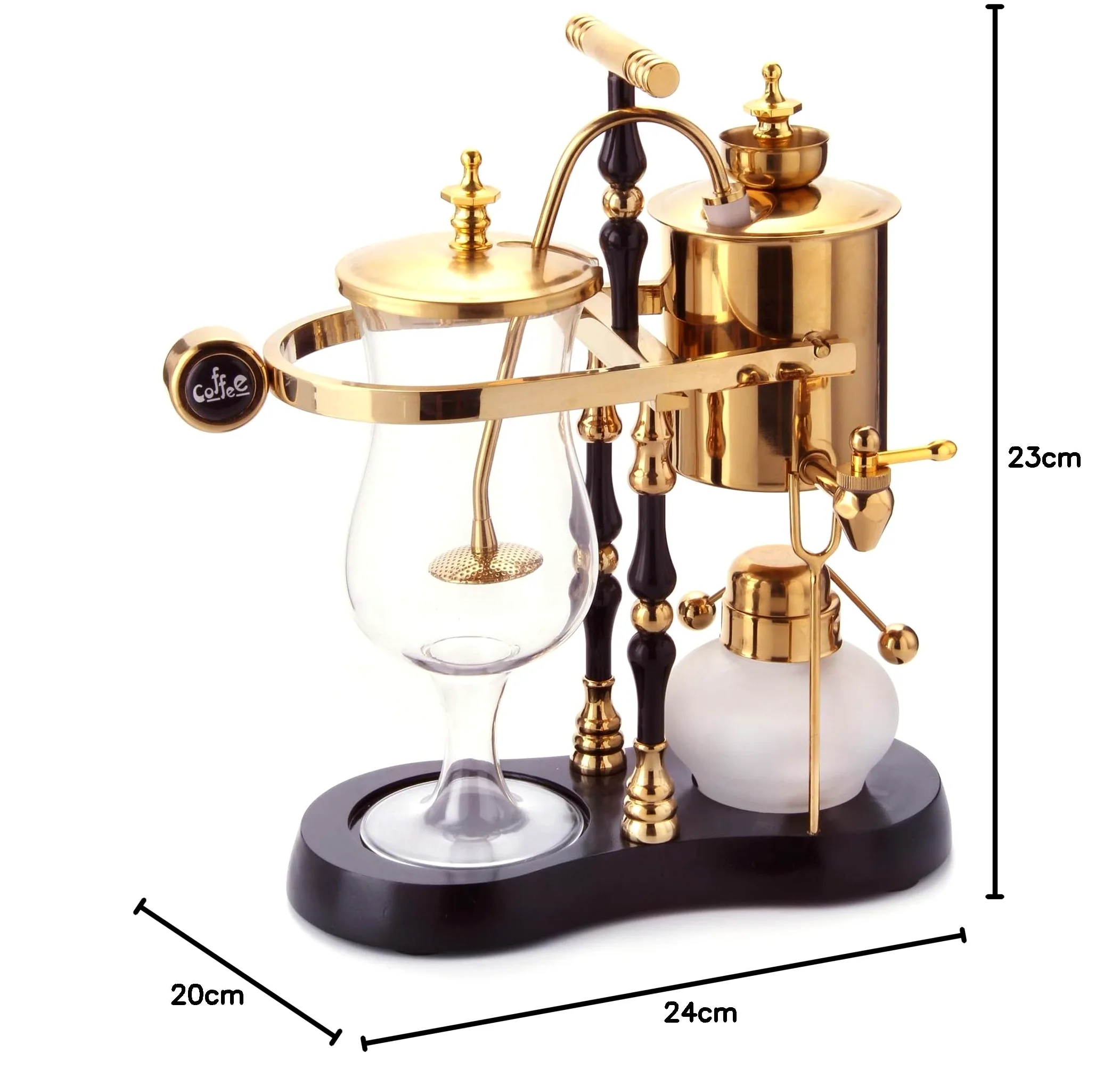 Diguo Machine à café de luxe à siphon d’équilibrage Famille royale belge Fulcrum élégant à double cannelure avec poignée en T (noir égyptien et doré).