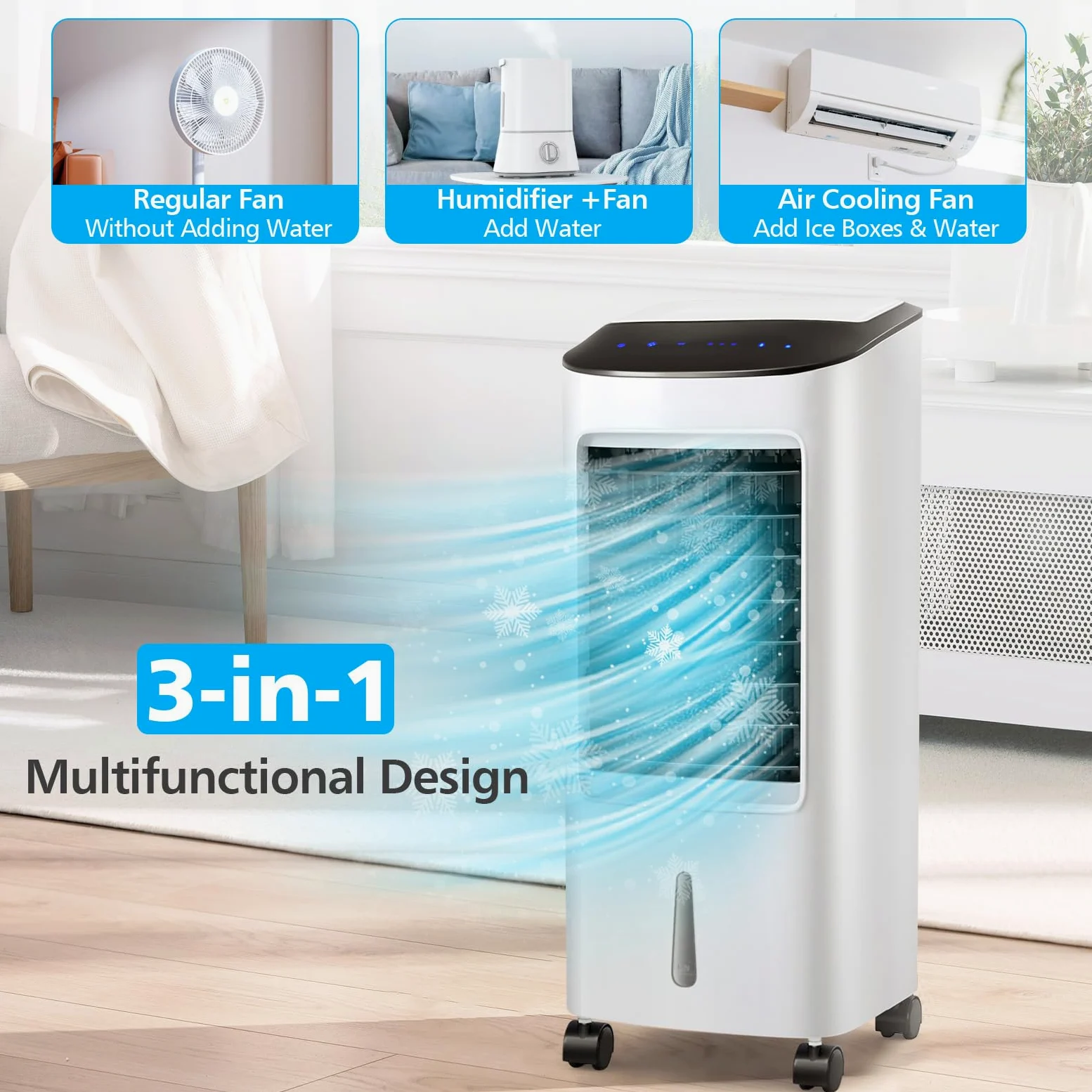 SOARS Ventilateur Rafraichisseur d'Air 65W, 3 en 1 Refroidisseur d'Air, Ventilateur, Humidificateur, 3 Vitesses, Minuterie 7,5H, Réservoir d'Eau 7L, Télécommande, pour Chambre, Salon, Bureau